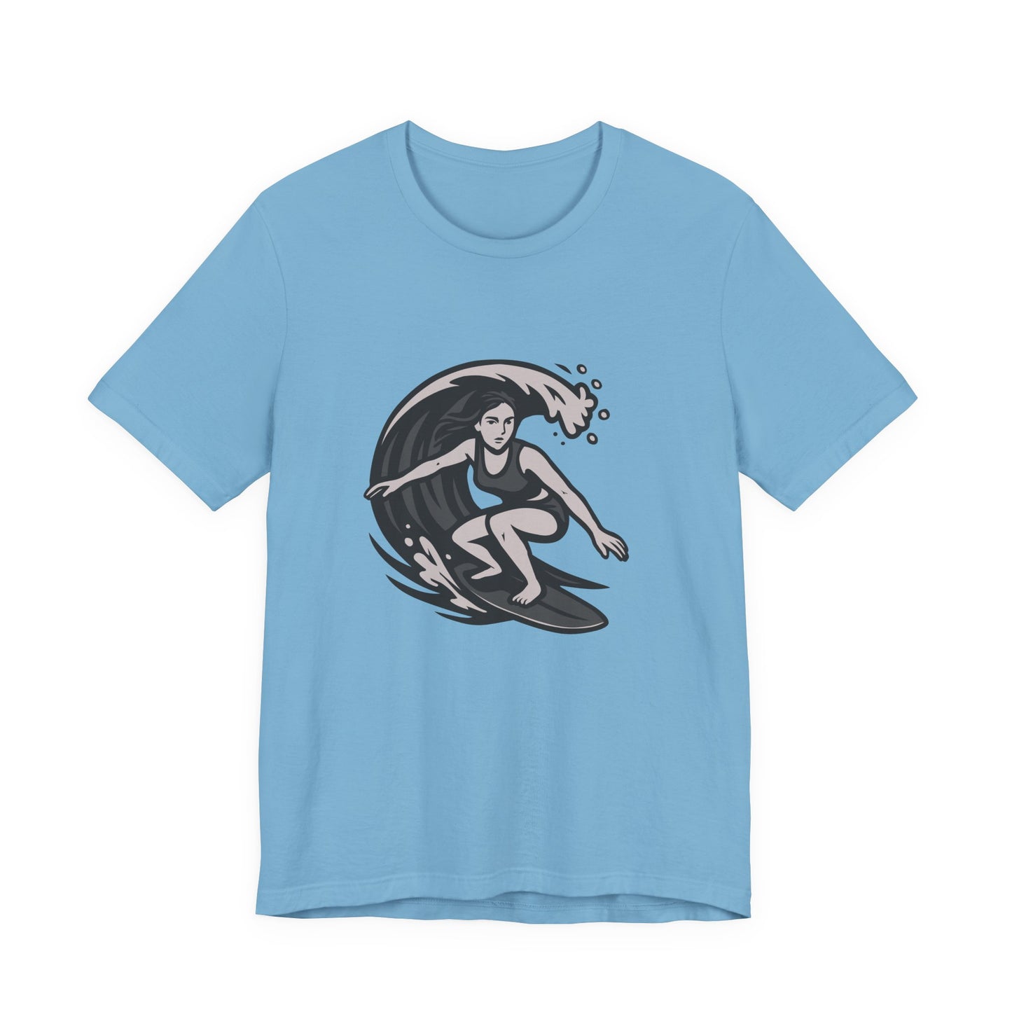 Surf Girl Graphic T-Shirt – Dark Theme Grayscale Female Surfer Riding Wave on Black Tee with Flow State Energy and Modern Ghost Effect. Unisex Jersey Short Sleeve Tee
