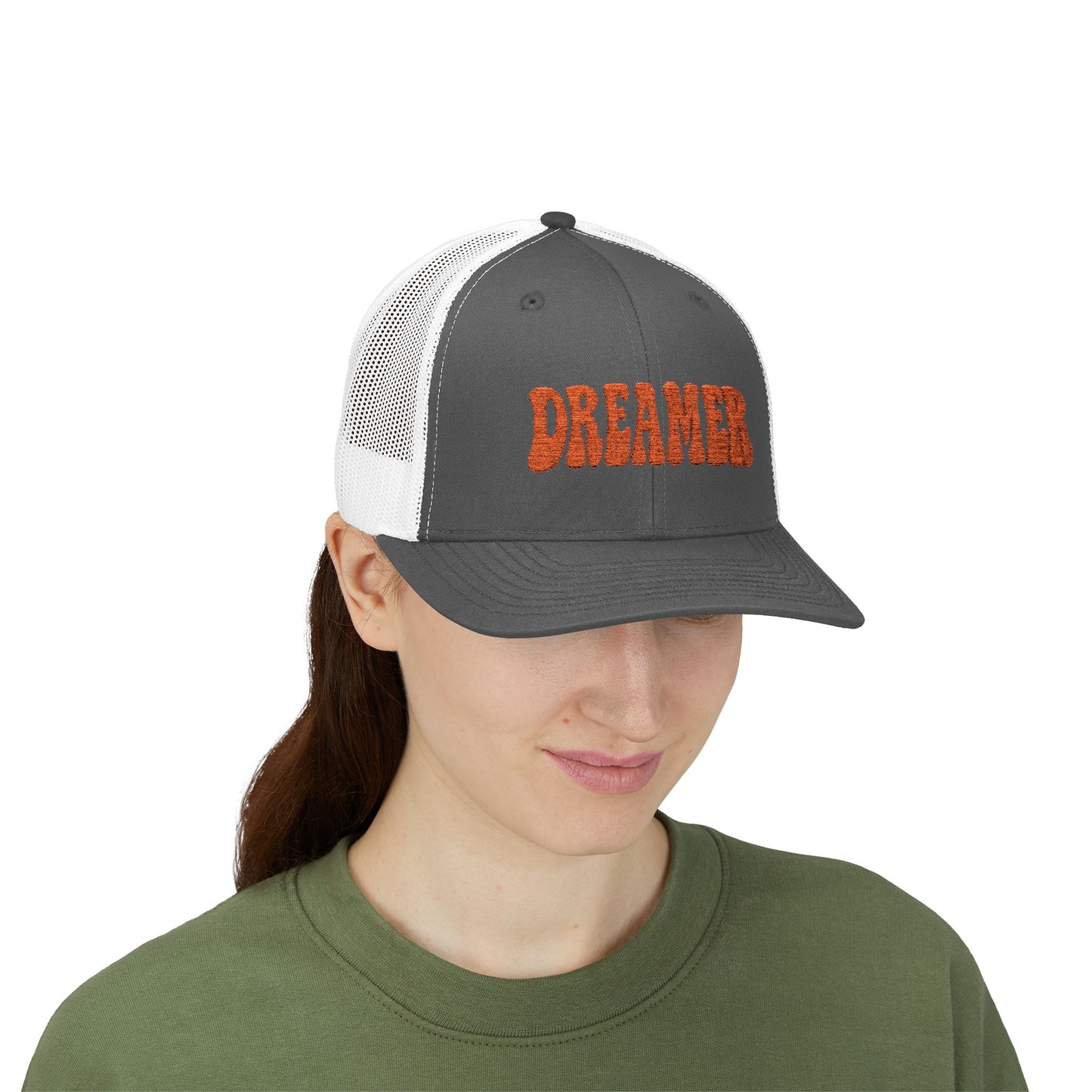 Dreamer Trucker Hat – Embroidered Minimalist Script Hat for Visionaries, Creatives, and Chill Daydreamers. Orange Letters
