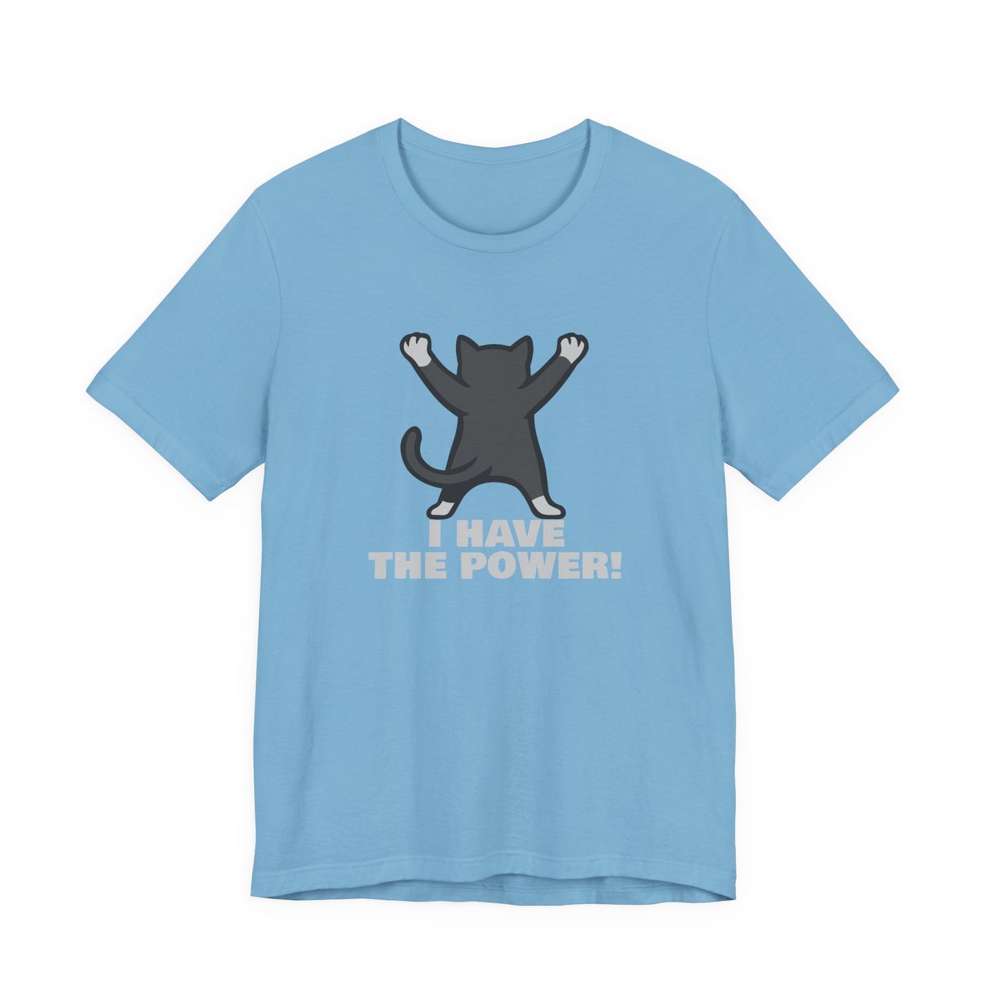 I Have the Power Cat Shirt – Hilarious Victory Pose in Dark Theme Feline Graphic Style. Unisex Jersey Short Sleeve Tee