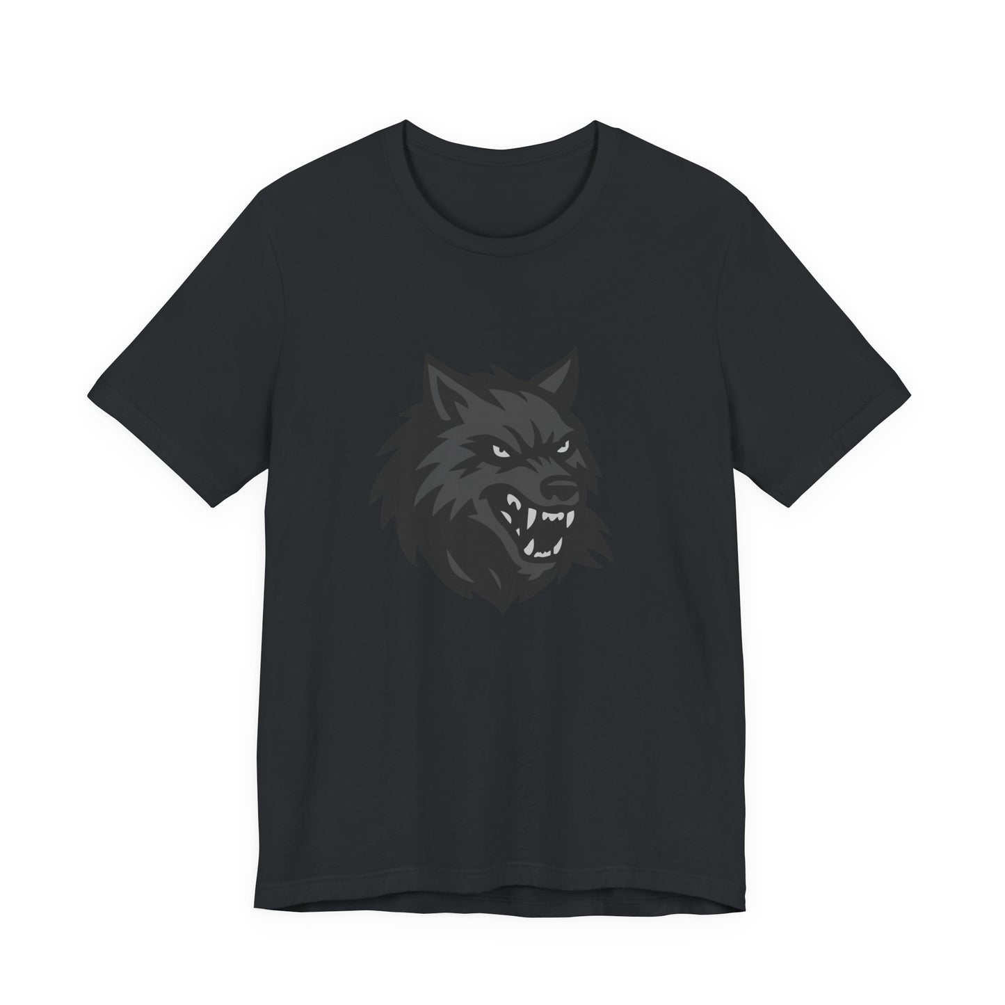 Dark Theme Wolf Head Shirt – Fierce Growling Wolf Face Graphic in Black and Grey for Bold, Edgy Style. Unisex Jersey Short Sleeve Tee