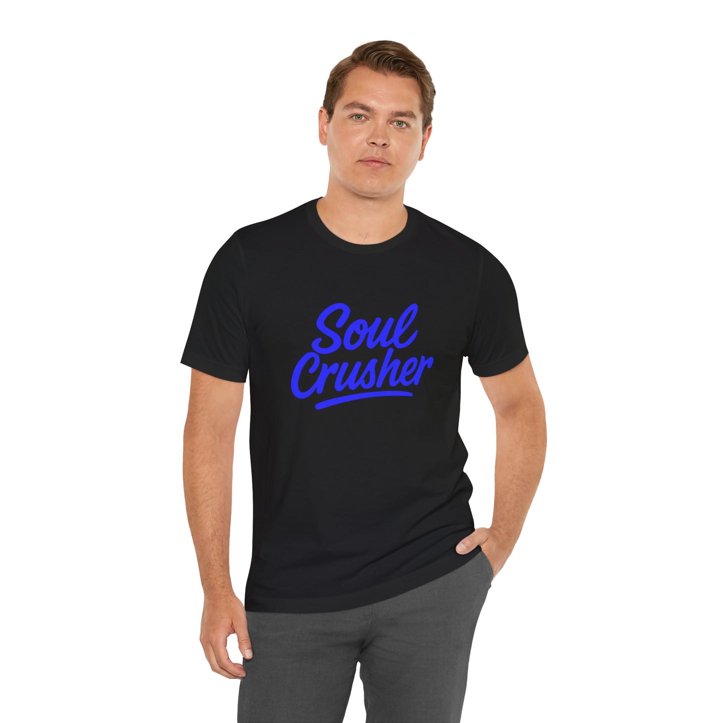 Colorful Design Soul Crusher Shirt – Blue Retro Script Tee for Women Who Leave a Trail of Broken Feelings. Unisex Jersey Short Sleeve Tee