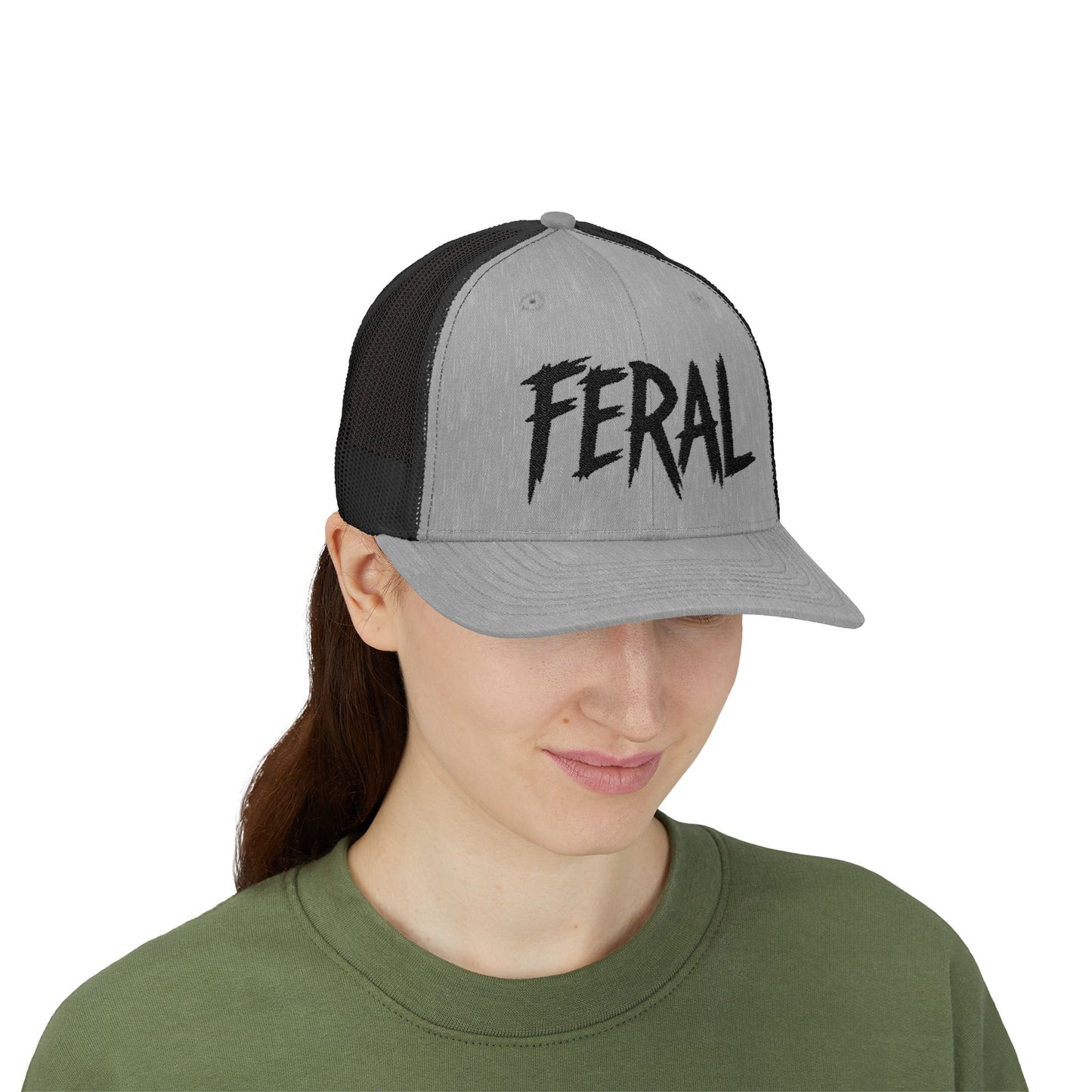 FERAL Embroidered Trucker Hat – Bold Statement Baseball Hat with Wild Energy Font for Rebels, Misfits, and Chaos Enthusiasts