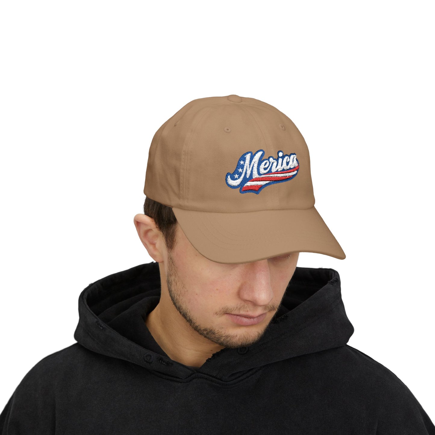 MERICA Embroidered Classic Dad Hat – Patriotic USA Hat with Bold Stars and Stripes Script Design for 4th of July and American Pride