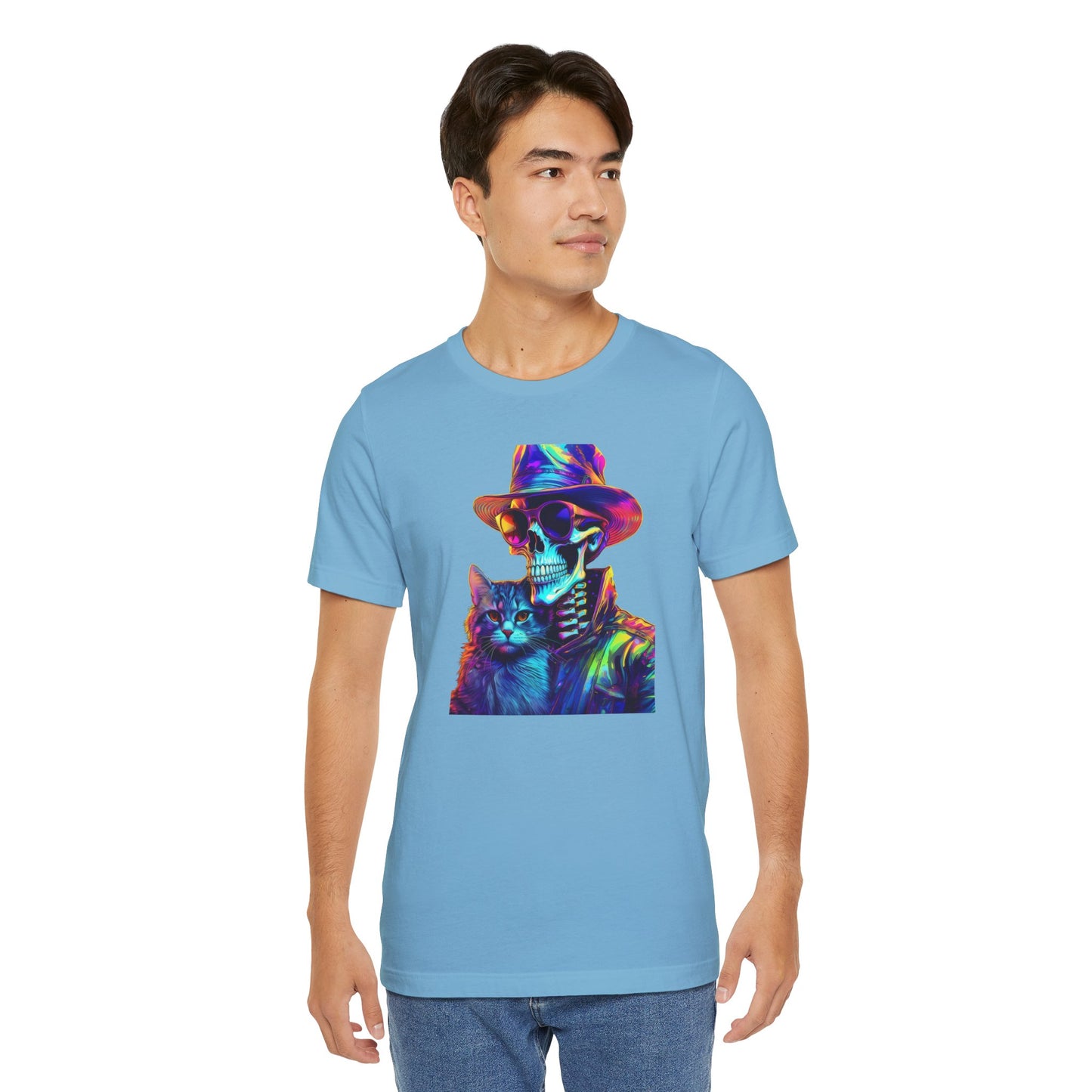 Cool Skeleton and Cat Halloween Shirt – Neon Retro Horror Graphic Tee for Spooky Style and Cat Lovers