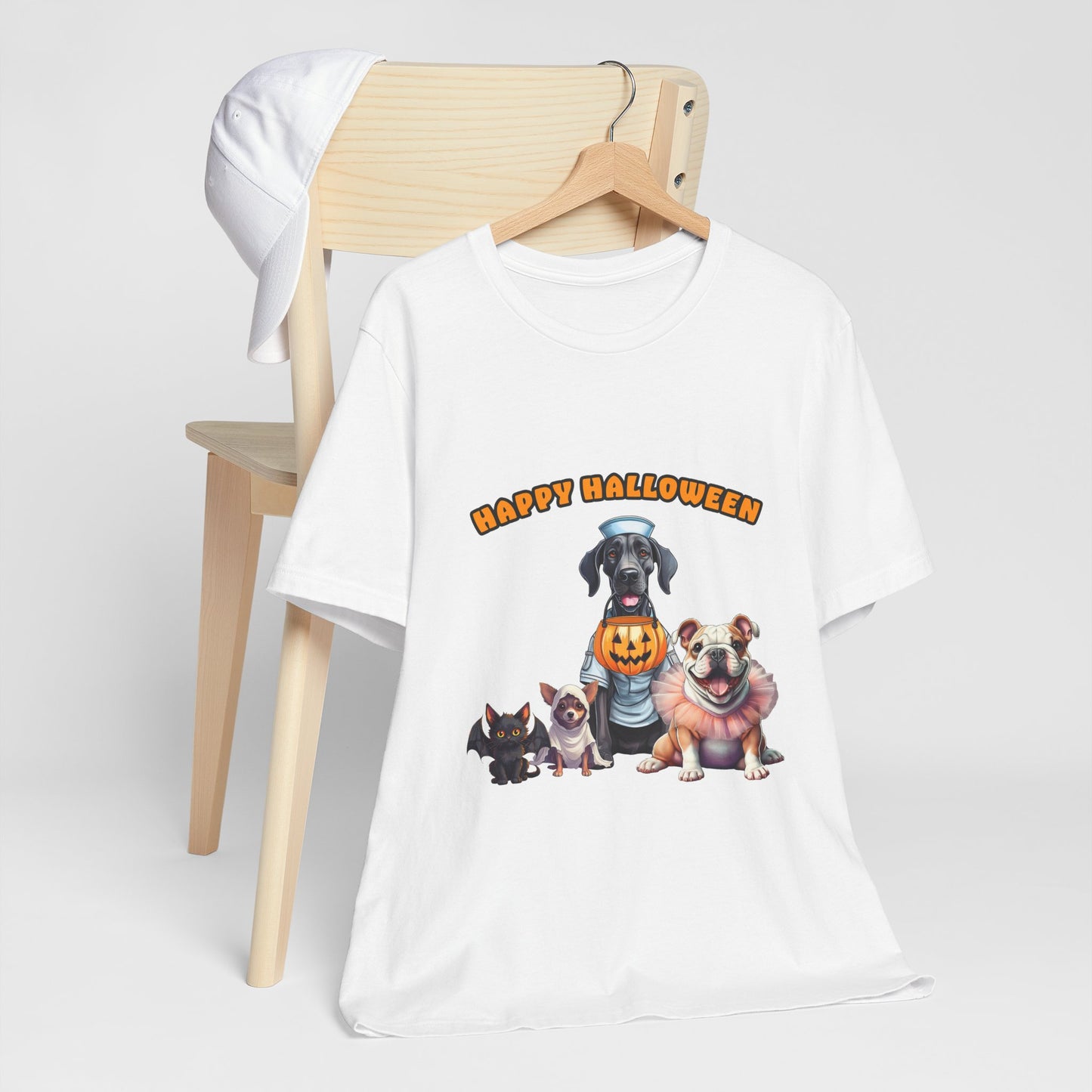 Happy Halloween Pet Parade Shirt – Cute Halloween Dogs and Cat in Costumes. Unisex Jersey Short Sleeve Tee