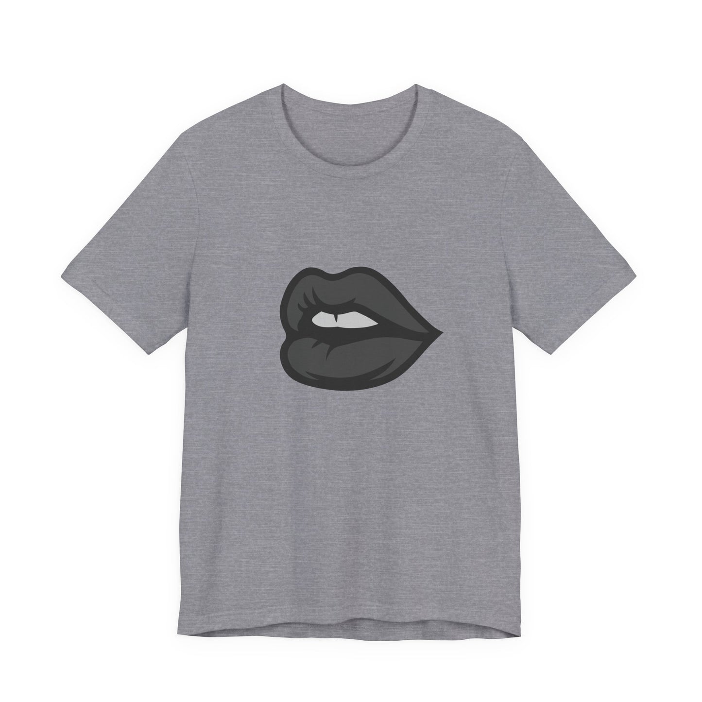 Dark Lips Graphic T-Shirt – Dark Theme Grayscale Biting Lip Design on Black Tee with Subtle Seduction and Modern Ghost Effect. Unisex Jersey Short Sleeve Tee