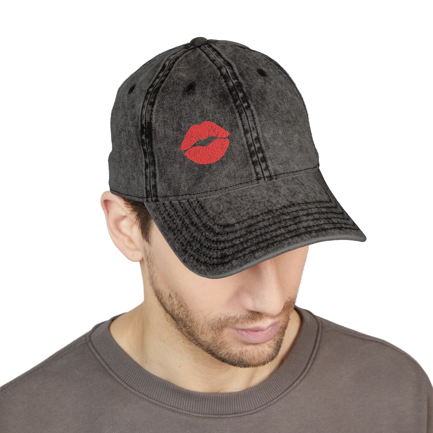 Red Lips Vintage Hat – Bold Embroidered Kiss Hat for Flirty, Fun Style