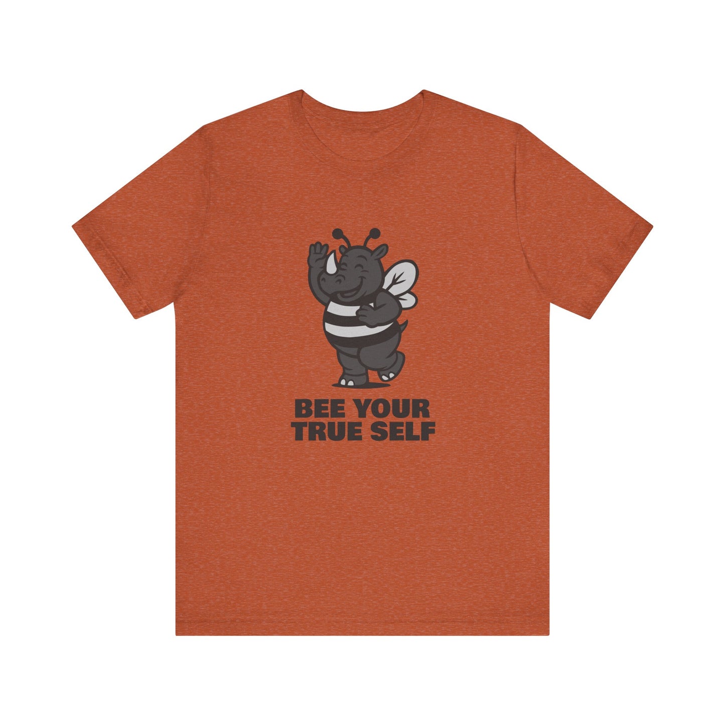 Bee Your True Self T-Shirt – Dark Theme Grayscale Rhino in Bee Costume on Black Tee with Wholesome Humor and Self-Expression Message. Unisex Jersey Short Sleeve Tee