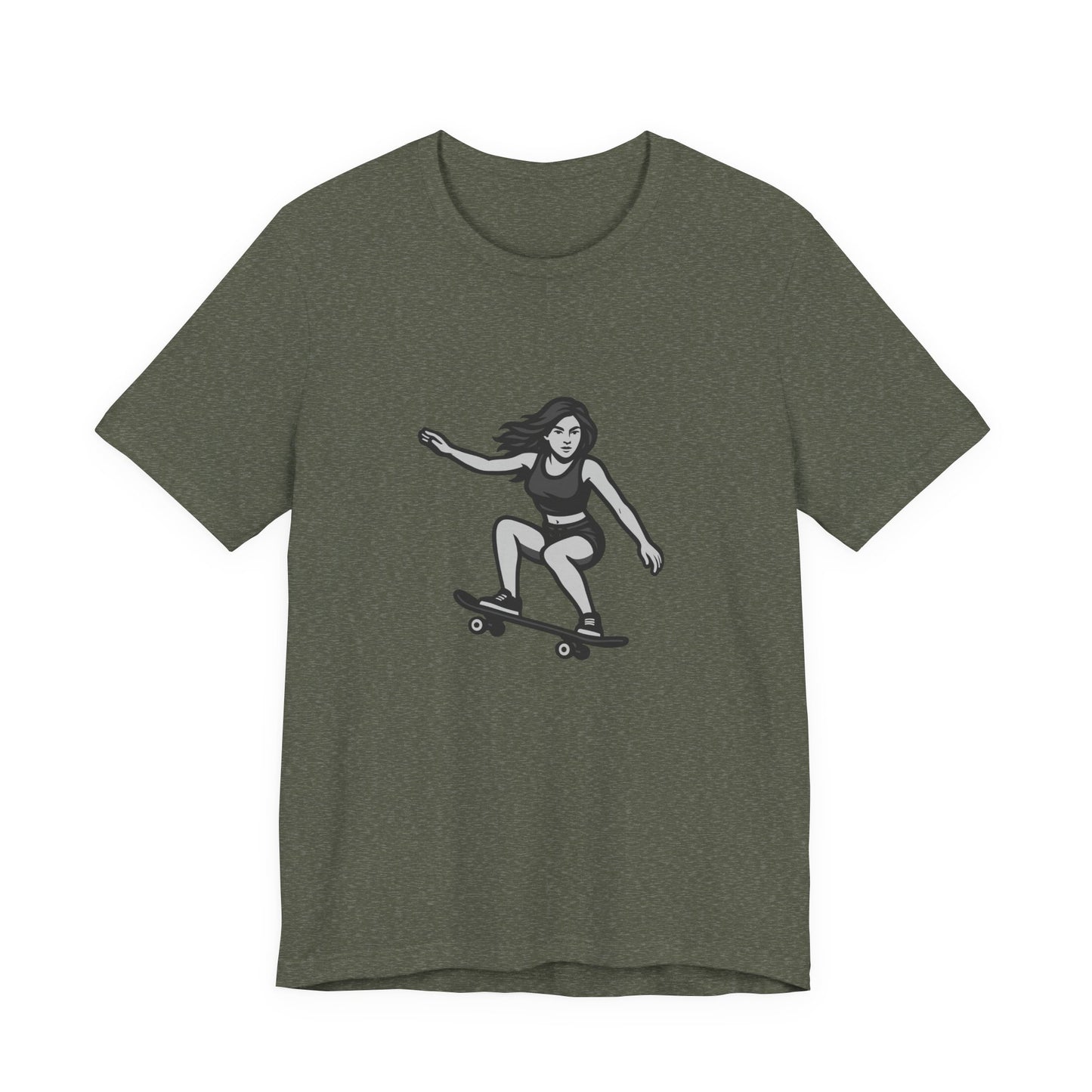 Skater Girl Graphic T-Shirt – Dark Theme Grayscale Skateboarding Design on Black Tee with Bold Motion and Modern Ghost Effect. Unisex Jersey Short Sleeve Tee
