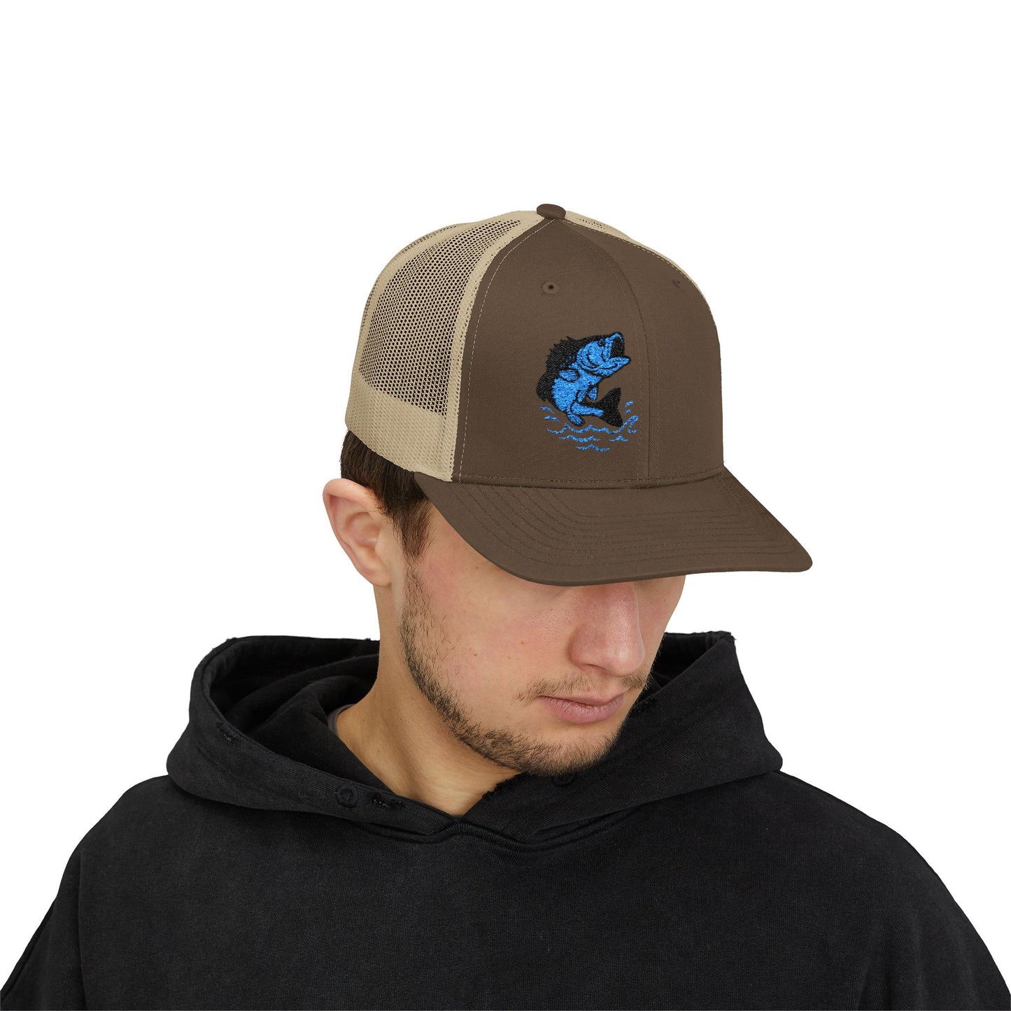 Jumping Fish Trucker Hat – Embroidered Blue Fishing Hat for Anglers, Lake Days, and Outdoor Style