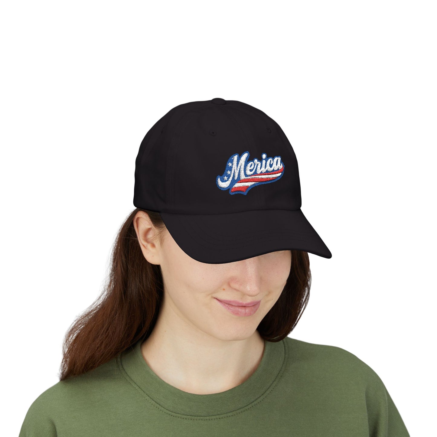 MERICA Embroidered Classic Dad Hat – Patriotic USA Hat with Bold Stars and Stripes Script Design for 4th of July and American Pride