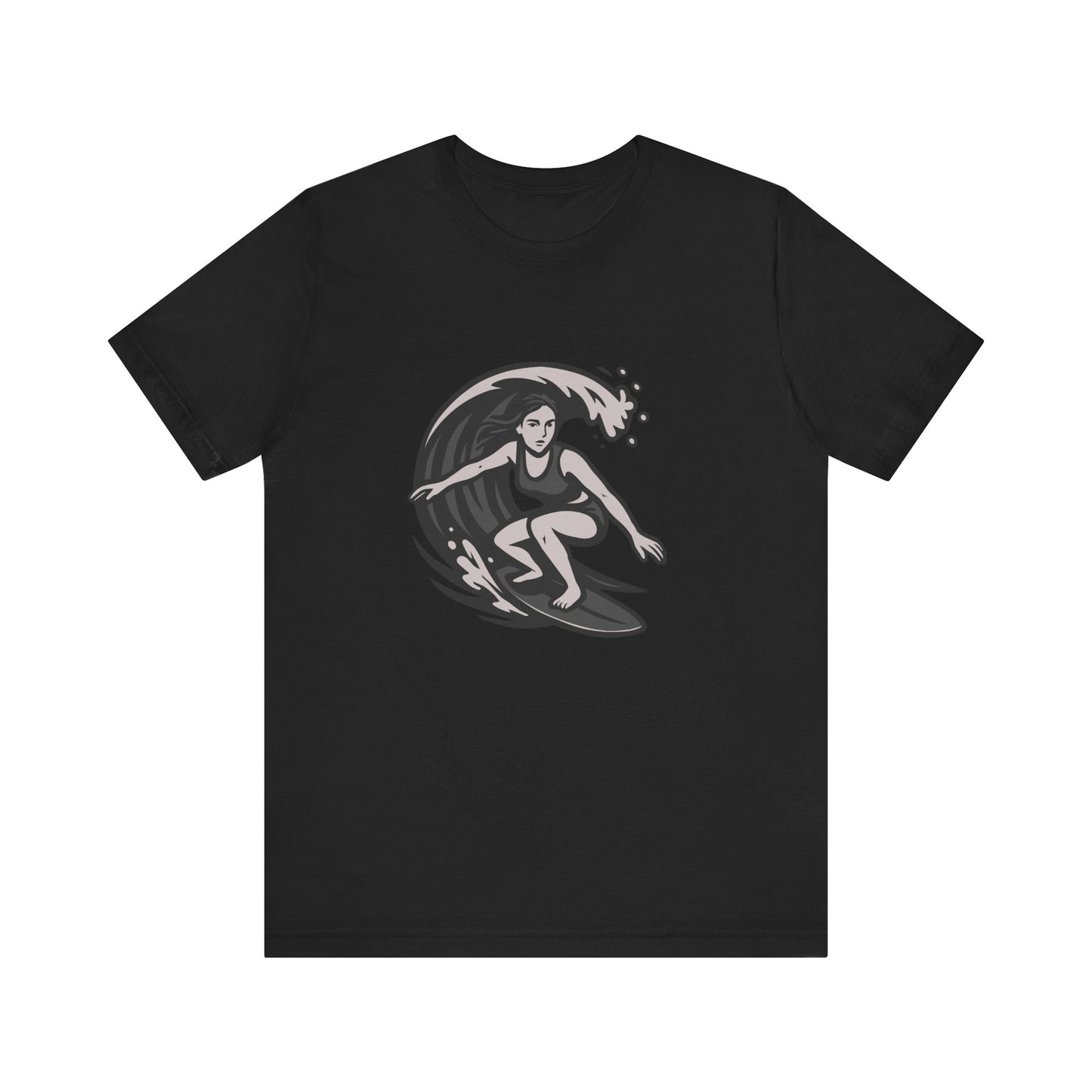 Surf Girl Graphic T-Shirt – Dark Theme Grayscale Female Surfer Riding Wave on Black Tee with Flow State Energy and Modern Ghost Effect. Unisex Jersey Short Sleeve Tee