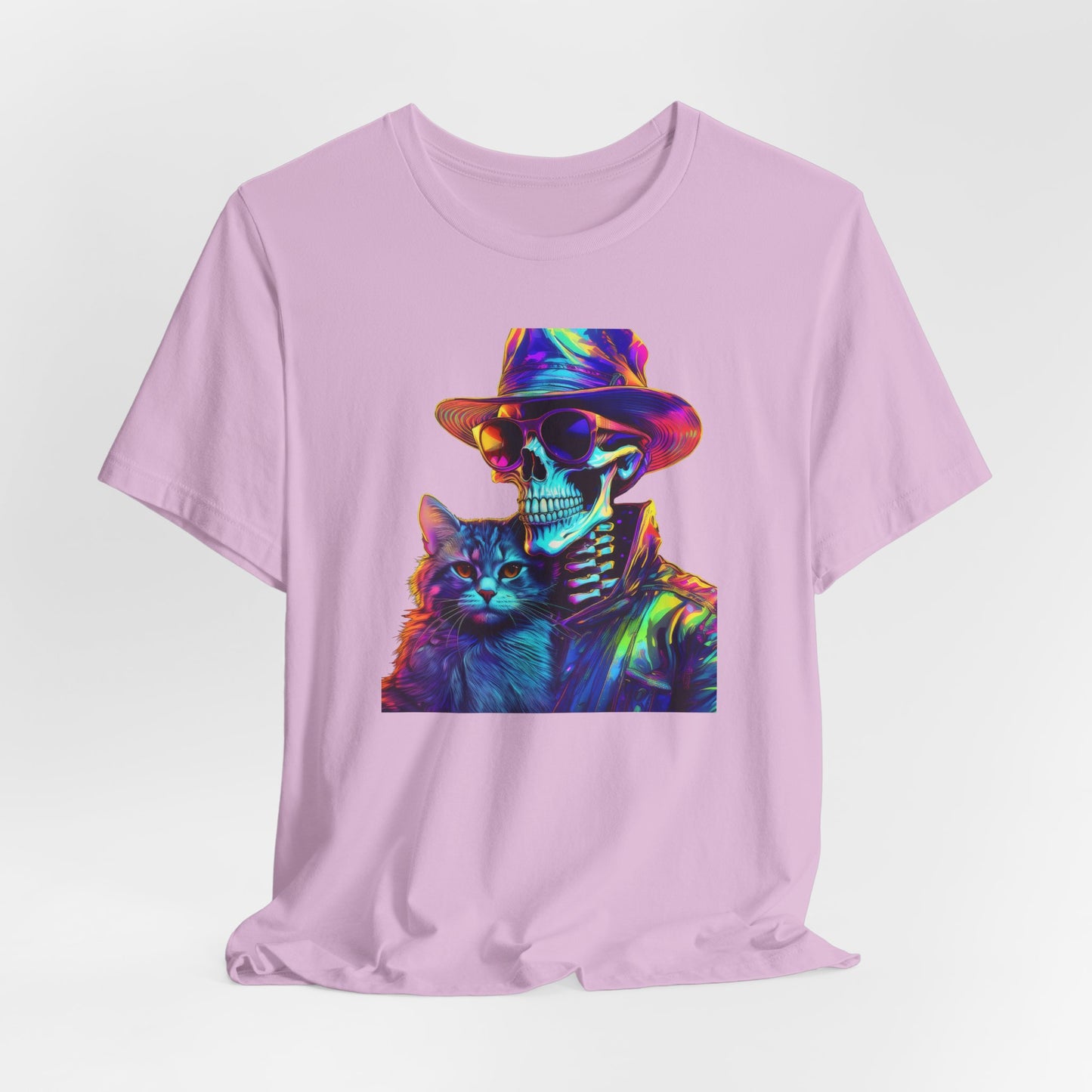 Cool Skeleton and Cat Halloween Shirt – Neon Retro Horror Graphic Tee for Spooky Style and Cat Lovers