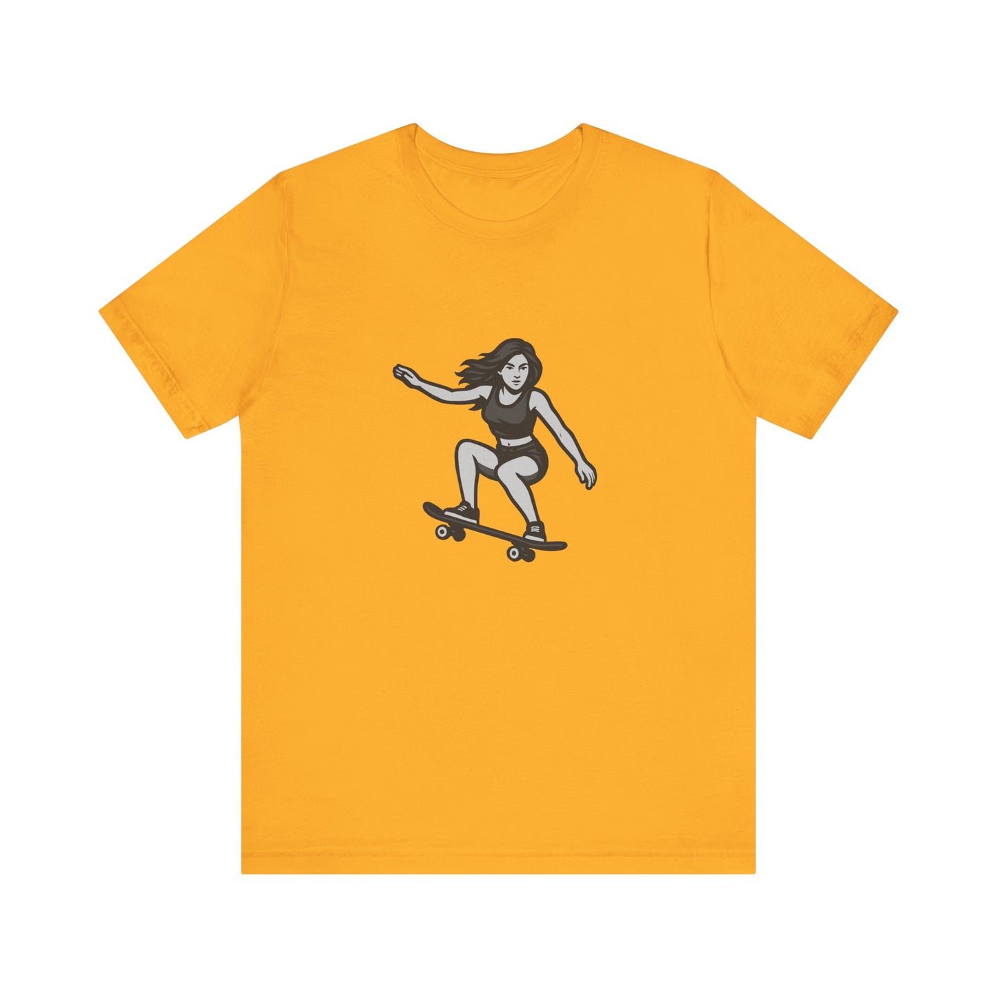 Skater Girl Graphic T-Shirt – Dark Theme Grayscale Skateboarding Design on Black Tee with Bold Motion and Modern Ghost Effect. Unisex Jersey Short Sleeve Tee