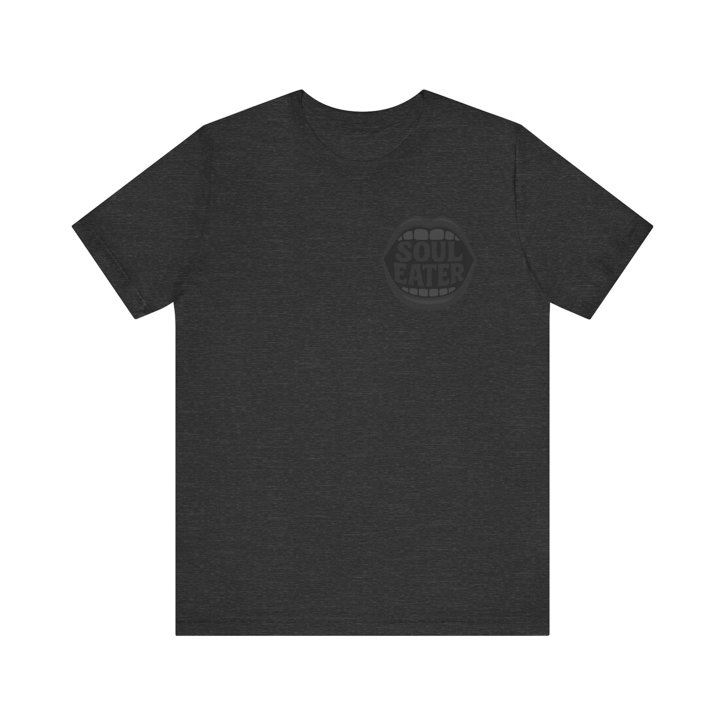 Soul Eater Mouth Graphic T-Shirt – Dark Theme Grayscale Teeth Typography on Black Tee with Horror Vibes and Modern Ghost Effect. Unisex Jersey Short Sleeve Tee