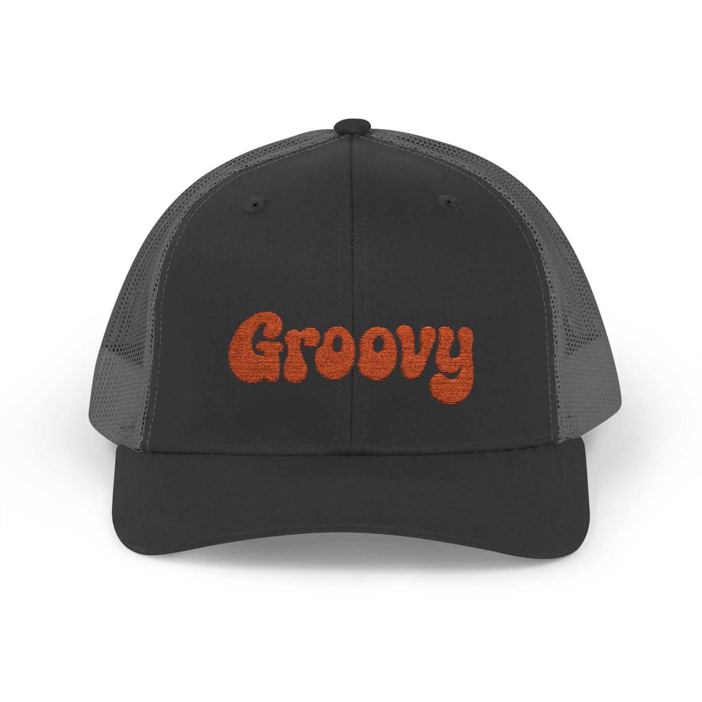 Groovy Trucker Hat – Retro Embroidered Hat with 70s Style Font for Funky Vibes, Chill Days, and Vintage Cool. Orange Letters