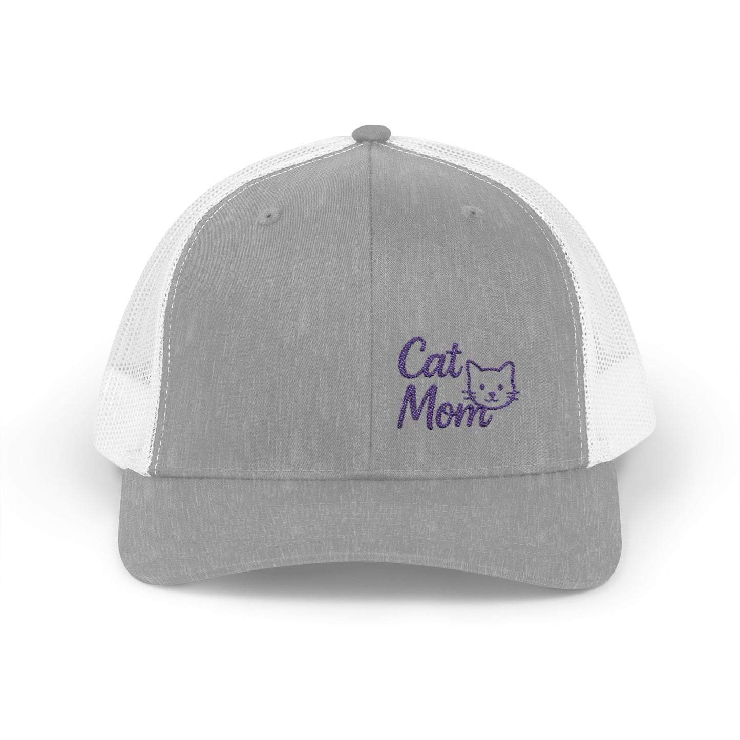 Cat Mom Trucker Hat – Embroidered Minimalist Cat Face Hat for Proud Pet Moms and Stylish Feline Fans. Purple Letters