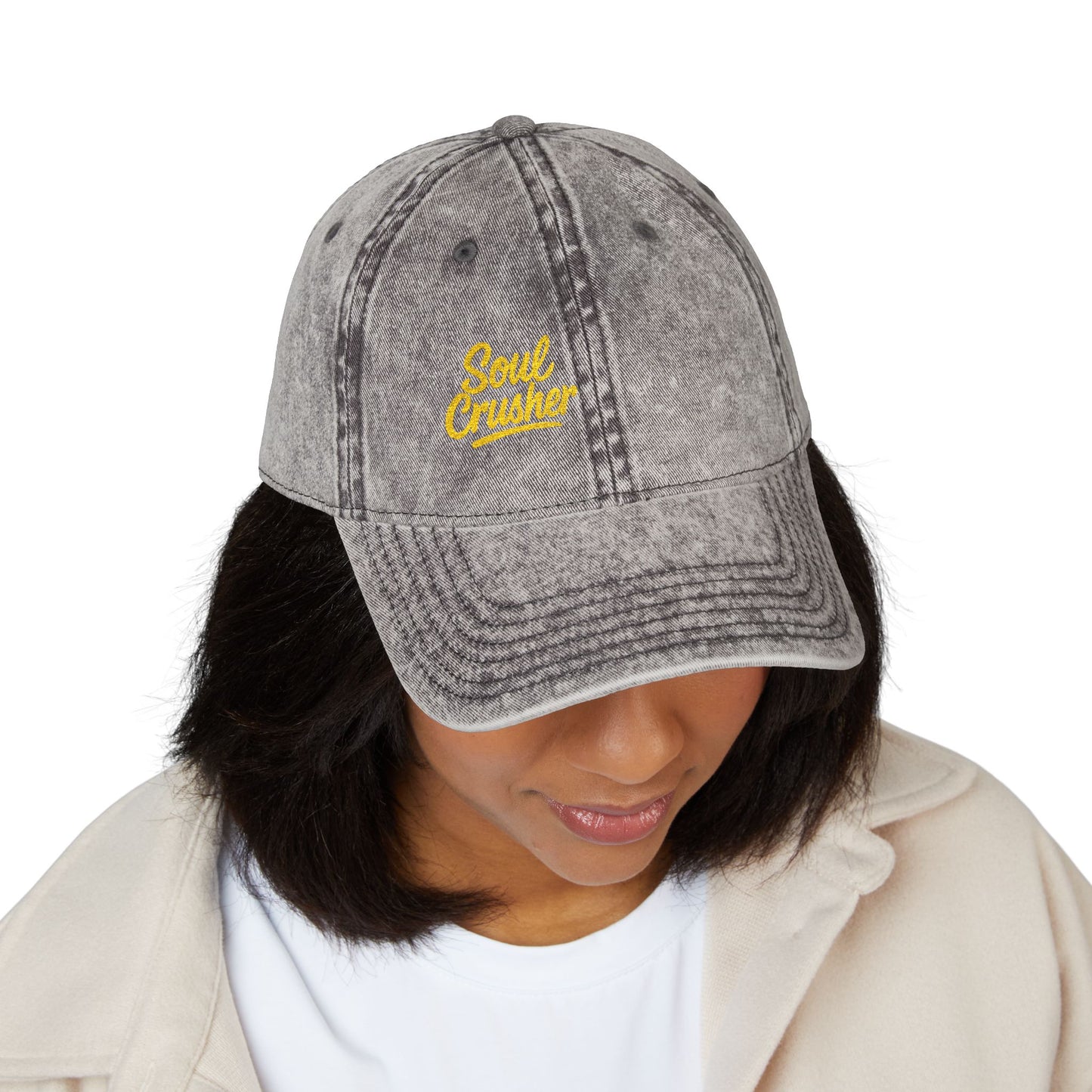 Soul Crusher Vintage Hat – Clean Script Hat with Bold Edge for Heartbreakers, Villains, and Power Moves