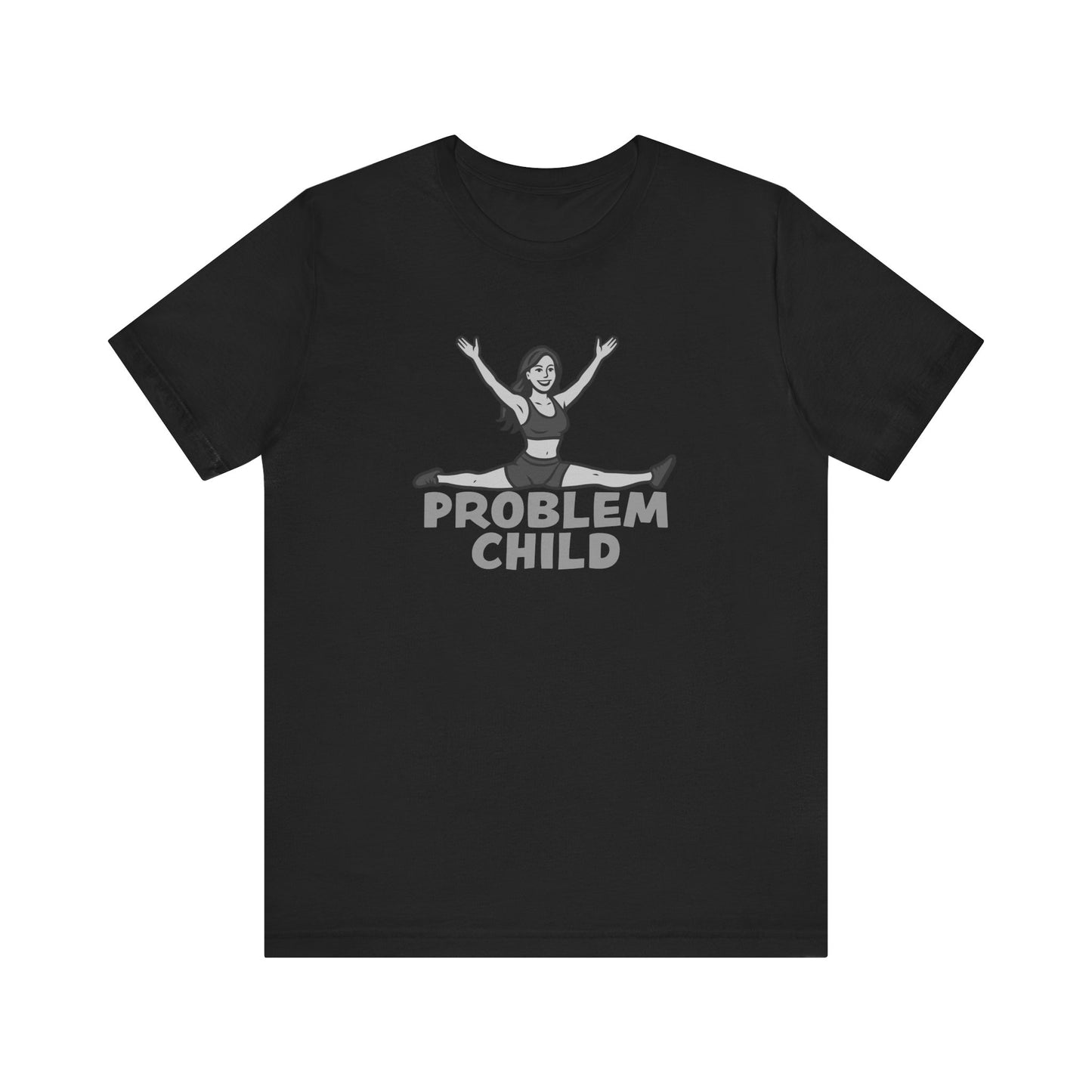 Problem Child Graphic Tee Cheerful Rebel Jump Pose in Bold Dark Theme Monochrome Style. Unisex Jersey Short Sleeve Tee