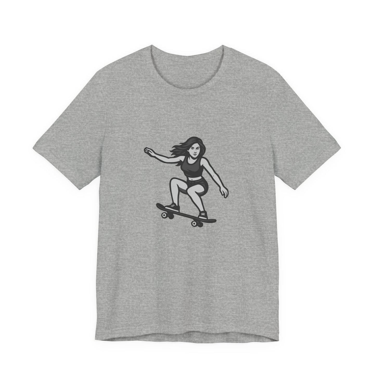 Skater Girl Graphic T-Shirt – Dark Theme Grayscale Skateboarding Design on Black Tee with Bold Motion and Modern Ghost Effect. Unisex Jersey Short Sleeve Tee