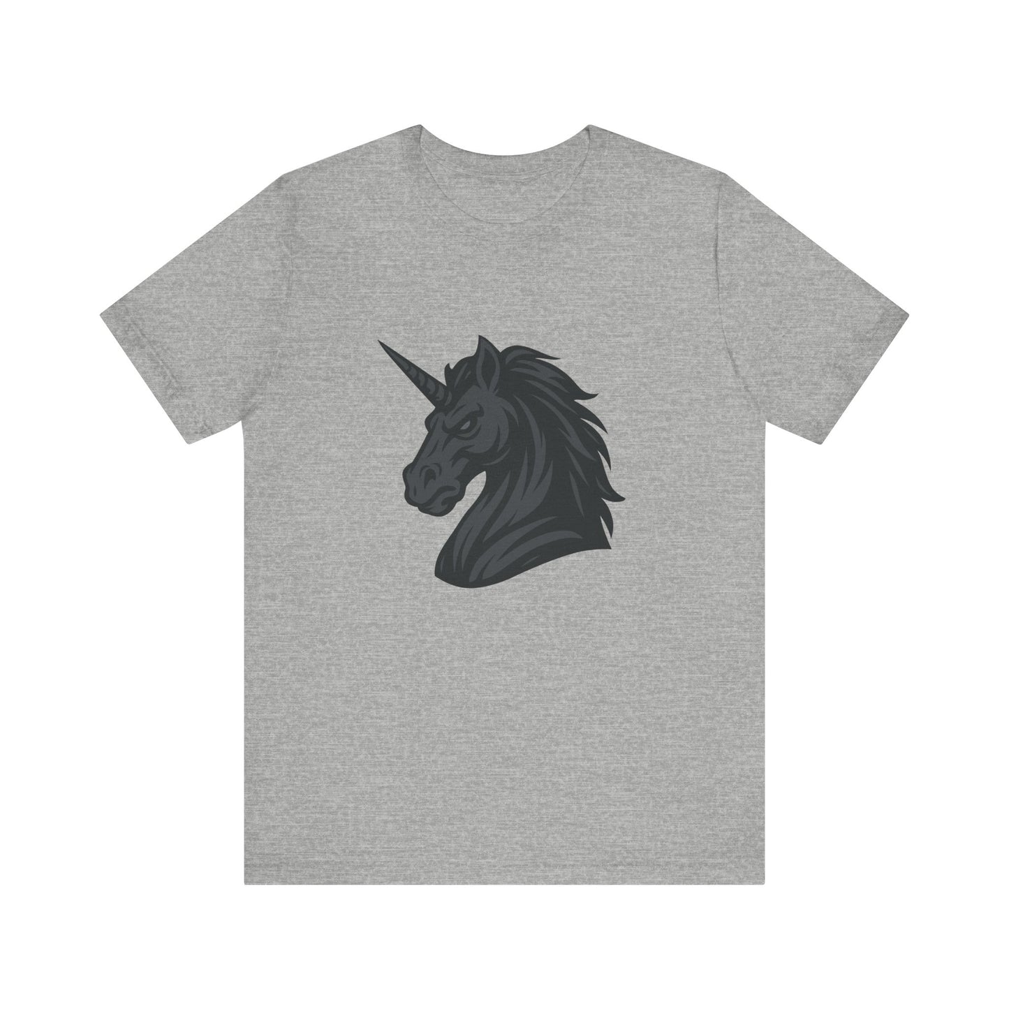 Dark Unicorn Profile T-Shirt – Dark Theme Grayscale Fierce Mythical Horse Design on Black Tee with Gothic Magic and Modern Ghost Effect. Unisex Jersey Short Sleeve Tee