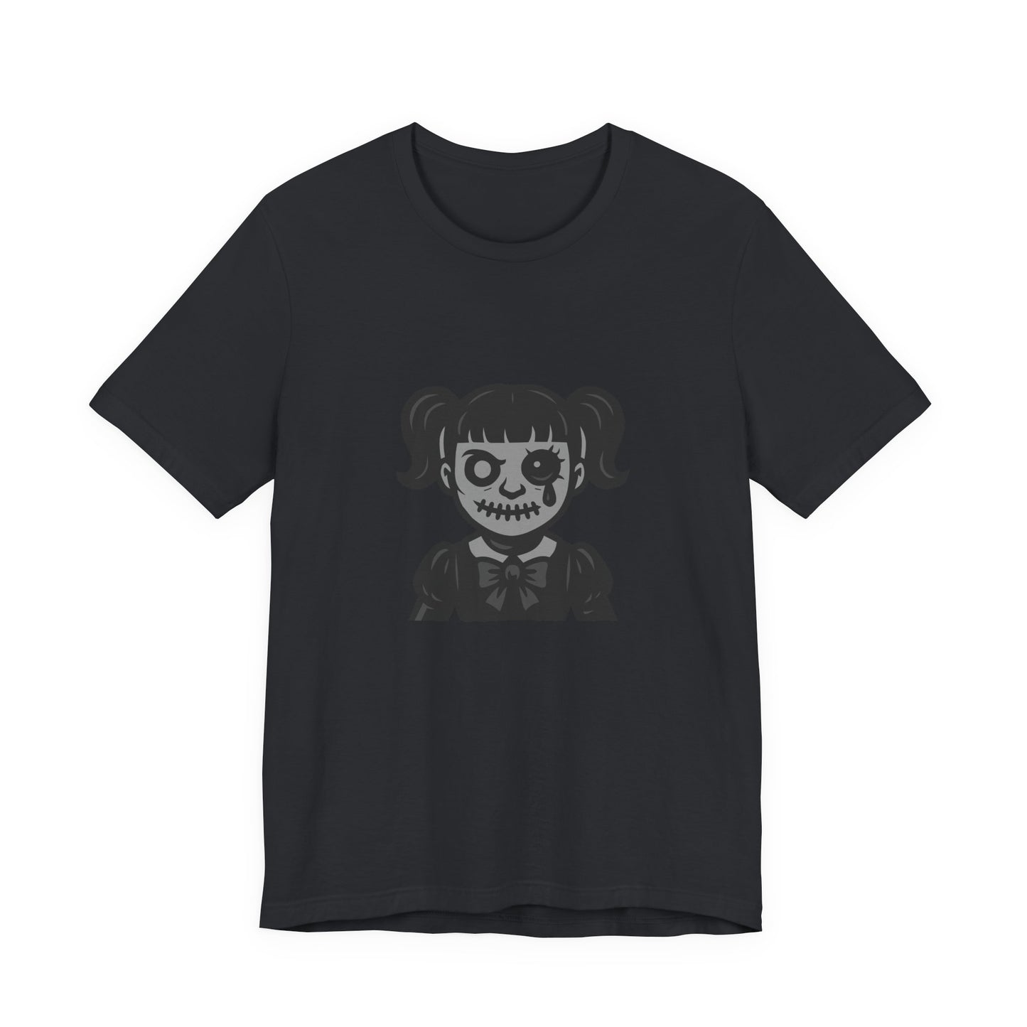Scary Doll Graphic T-Shirt – Dark Theme Grayscale Creepy Cute Girl Design on Black Tee with Haunted Vibes and Modern Ghost Effect. Unisex Jersey Short Sleeve Tee