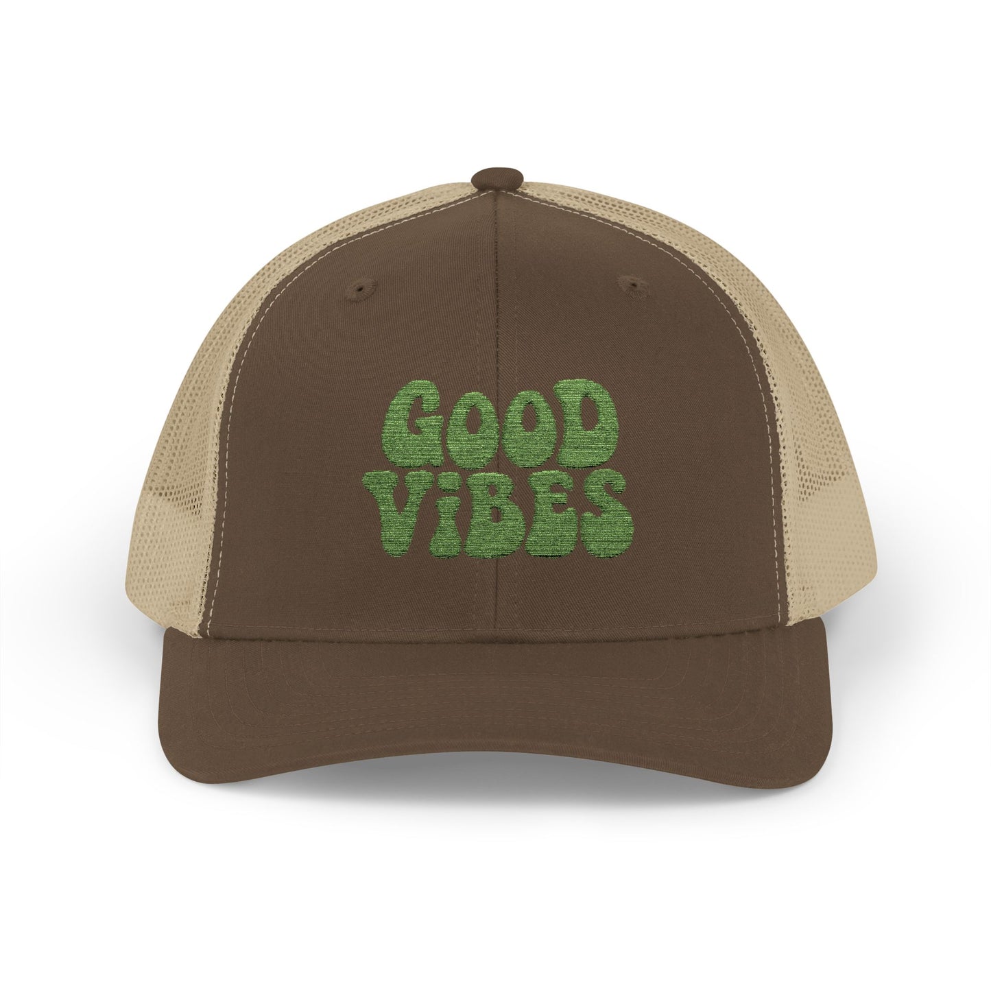 Good Vibes Trucker Hat – Embroidered Retro Text Hat for Positive Vibes, Chill Style, and Everyday Feel-Good Energy. Green Letters