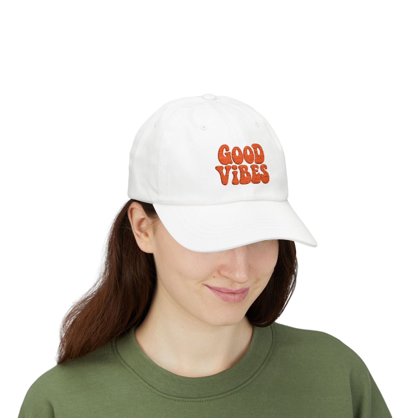 Good Vibes Classic Dad Hat – Embroidered Retro Text Hat for Positive Vibes, Chill Style, and Everyday Feel-Good Energy. Orange Letters