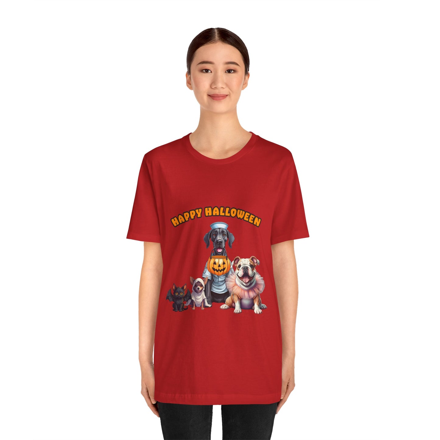 Happy Halloween Pet Parade Shirt – Cute Halloween Dogs and Cat in Costumes. Unisex Jersey Short Sleeve Tee