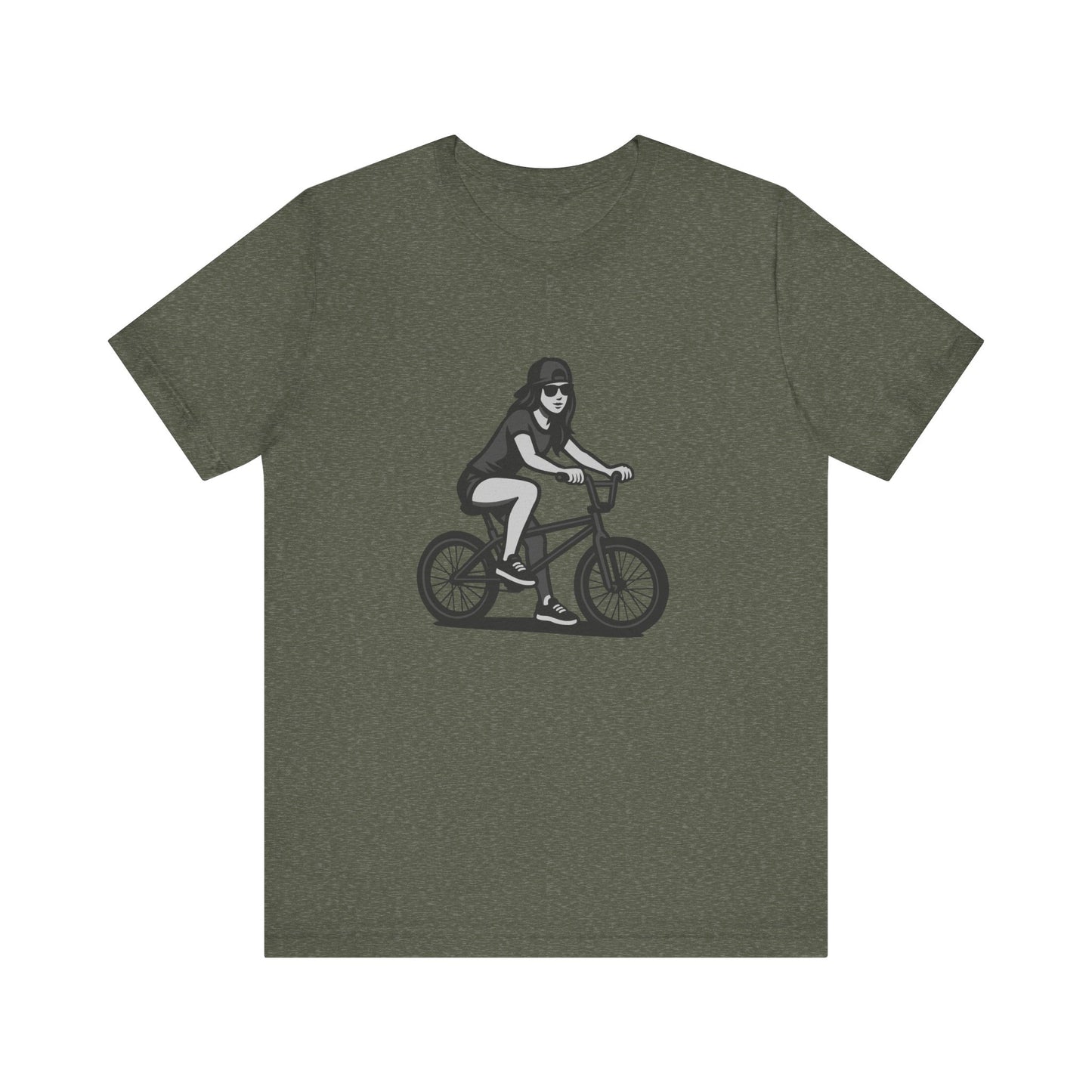 Cool Girl on Bike Graphic T-Shirt – Laid-Back Dark Theme Grayscale Rider Design on Black Tee with Street Style and Subtle Modern Ghost Effect. Unisex Jersey Short Sleeve Tee