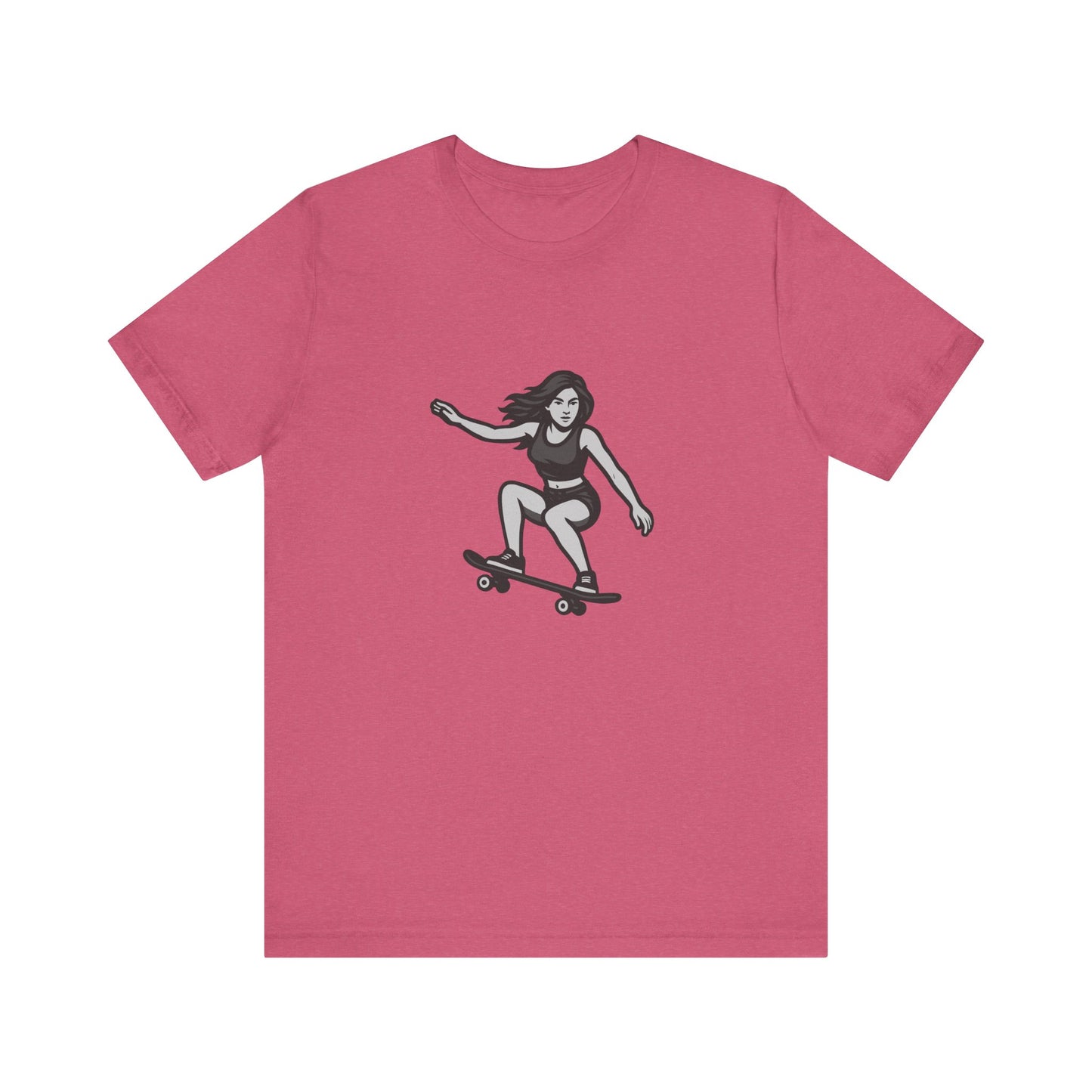 Skater Girl Graphic T-Shirt – Dark Theme Grayscale Skateboarding Design on Black Tee with Bold Motion and Modern Ghost Effect. Unisex Jersey Short Sleeve Tee