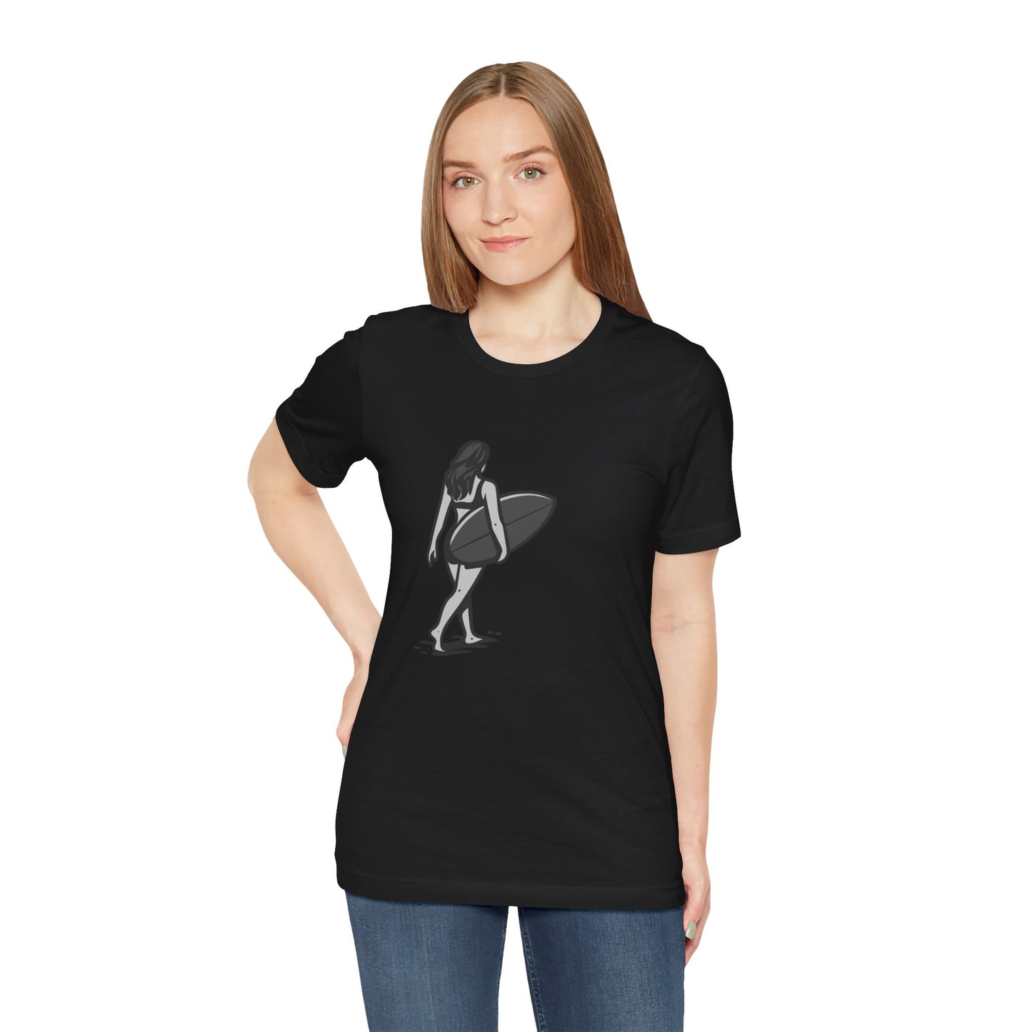 Surfer Girl Walking Graphic T-Shirt – Dark Theme Grayscale Beach Scene on Black Tee with Coastal Calm and Modern Ghost Effect. Unisex Jersey Short Sleeve Tee