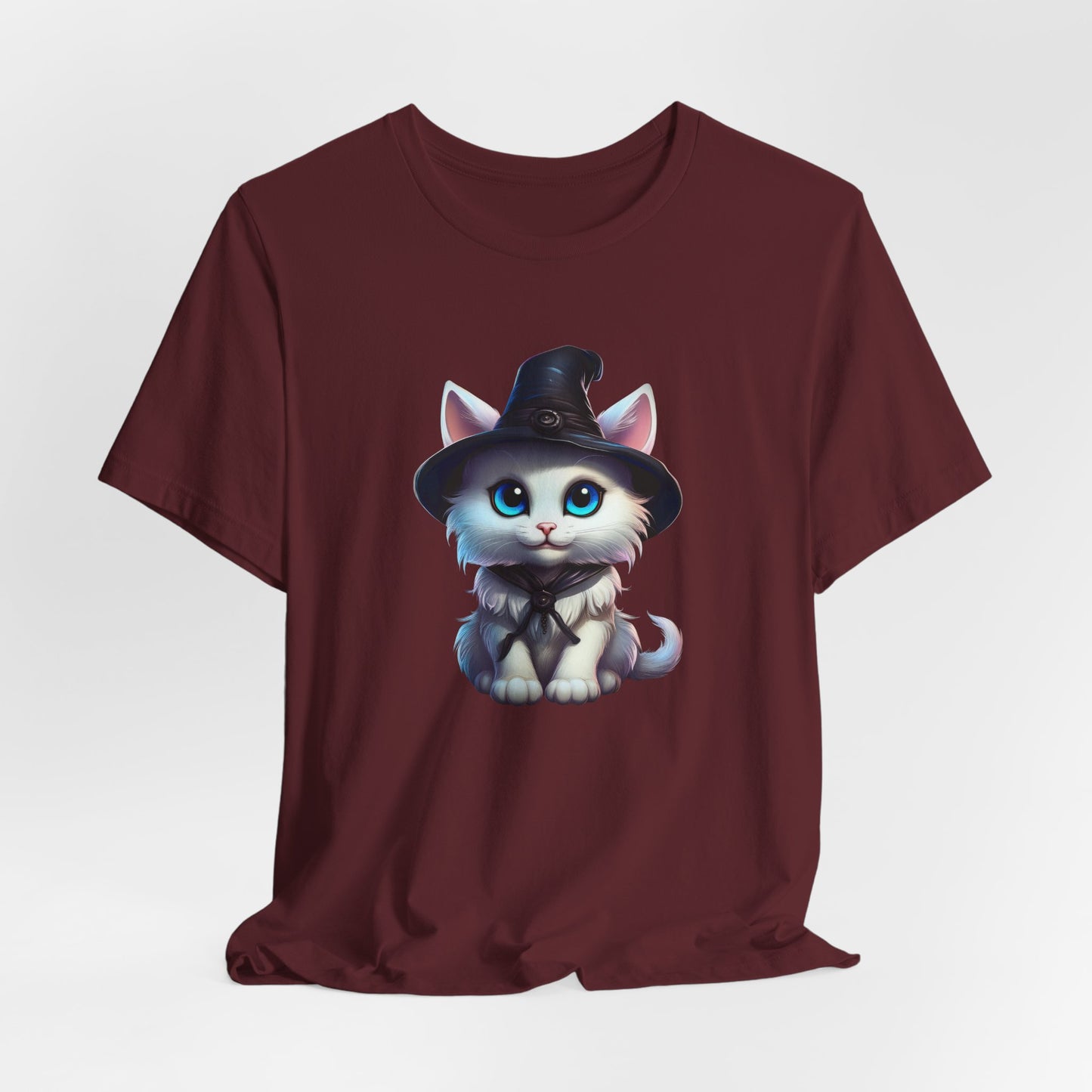 Adorable Witch Cat Halloween Shirt – Cute White Cat in Hat Graphic Tee for Cat Lovers and Halloween Fans