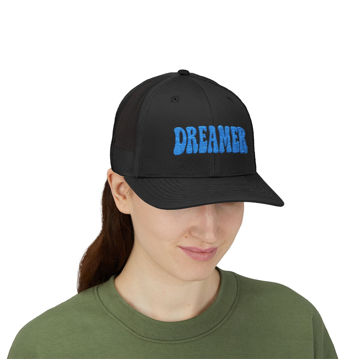 Dreamer Trucker Hat – Embroidered Minimalist Script Hat for Visionaries, Creatives, and Chill Daydreamers. Blue Letters