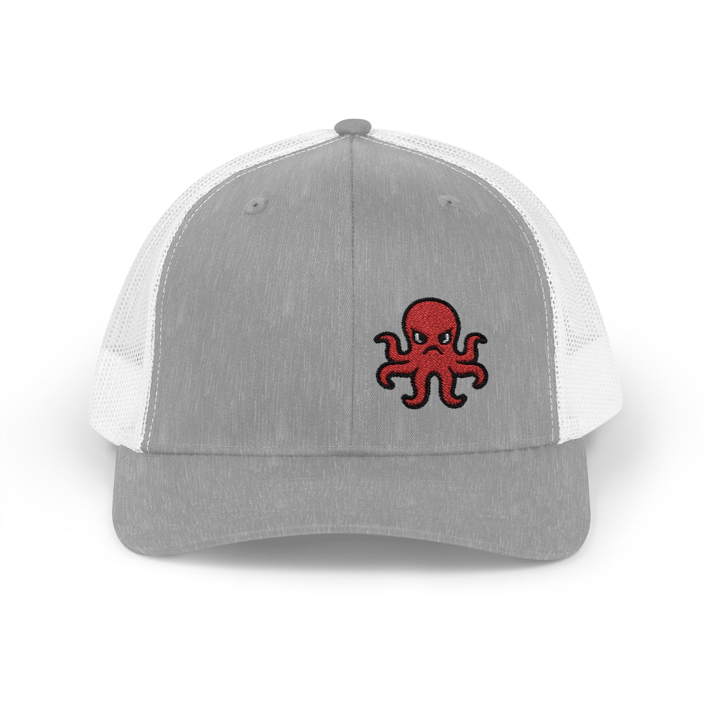 Angry Octopus Trucker Hat – Embroidered Red Sea Creature Hat with Cartoon Vibes and Bold Attitude