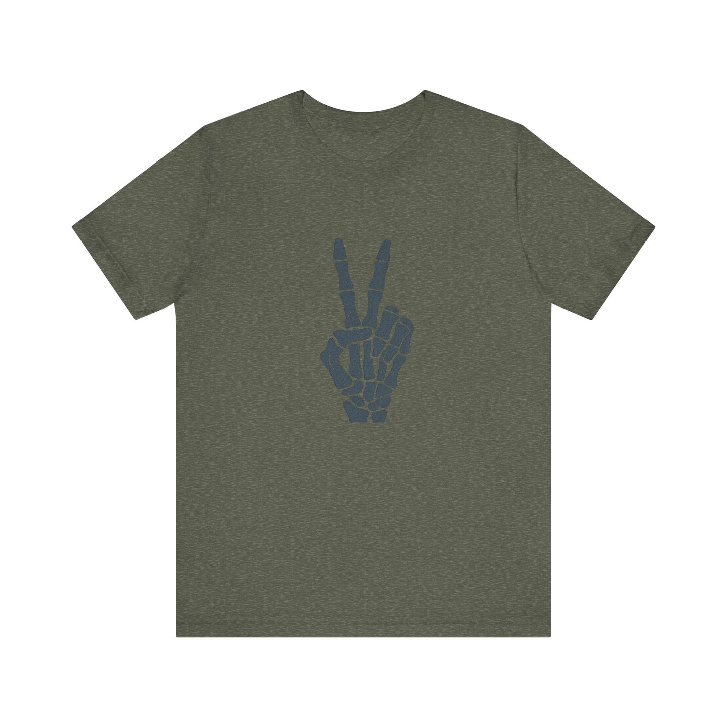 Skeleton Peace Hand Graphic T-Shirt – Gritty Dark Theme Grayscale Bones on Black Tee with Rebellious Calm and Modern Ghost Effect. Unisex Jersey Short Sleeve Tee