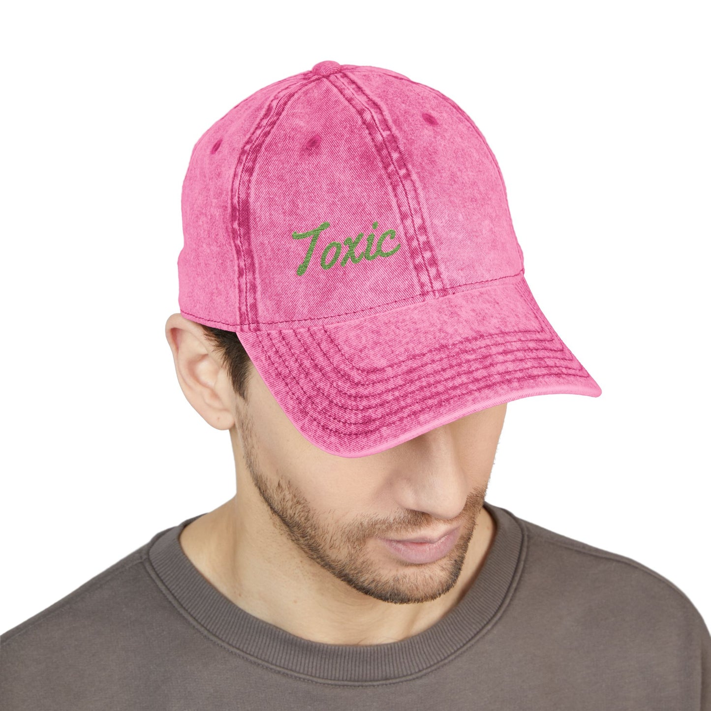 Toxic Vintage Hat – Embroidered Green Script Hat for Ironic Vibes and Bold Personality