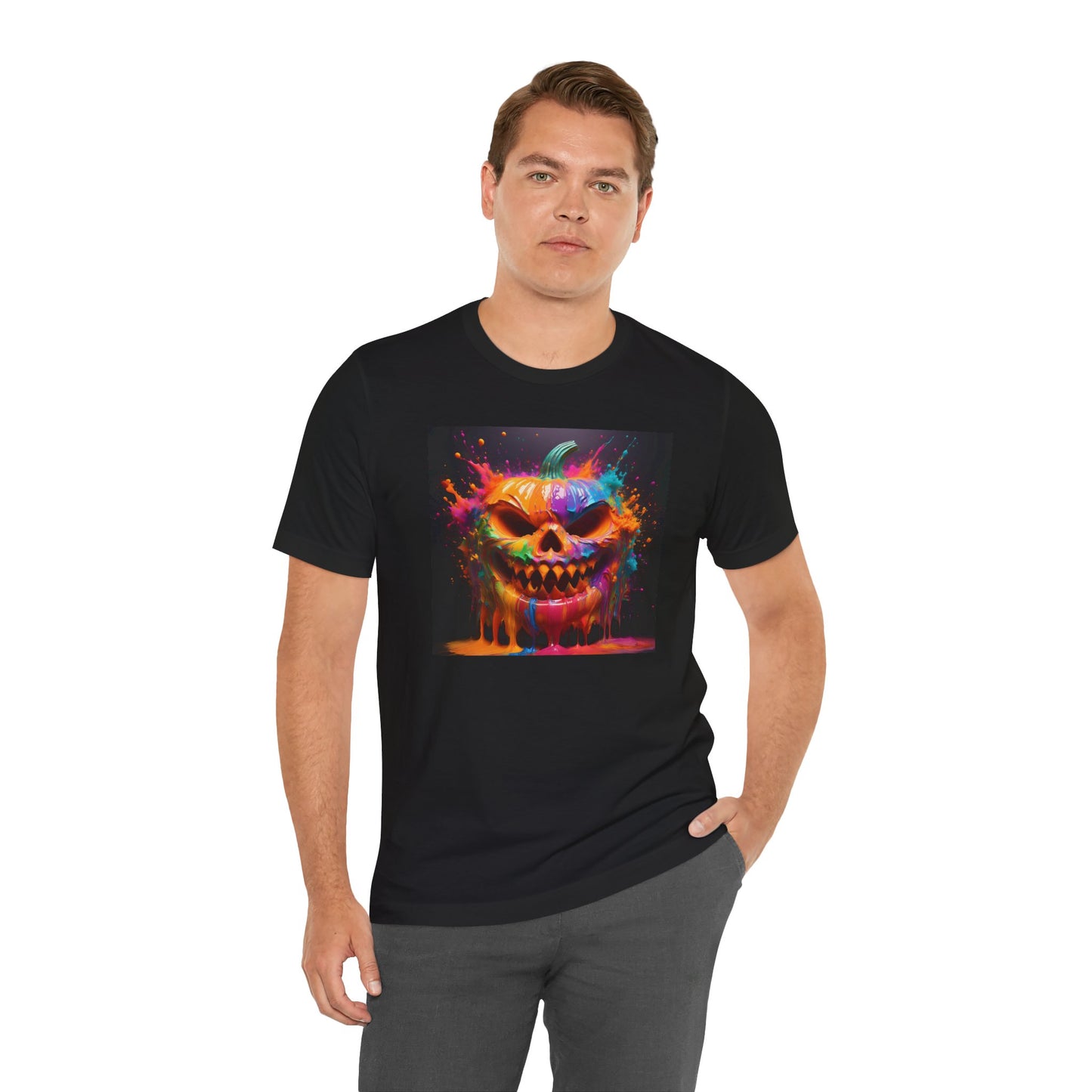 Neon Splatter Pumpkin Halloween Shirt – Vibrant Dripping Jack-o’-Lantern Graphic Tee for Bold Spooky Style