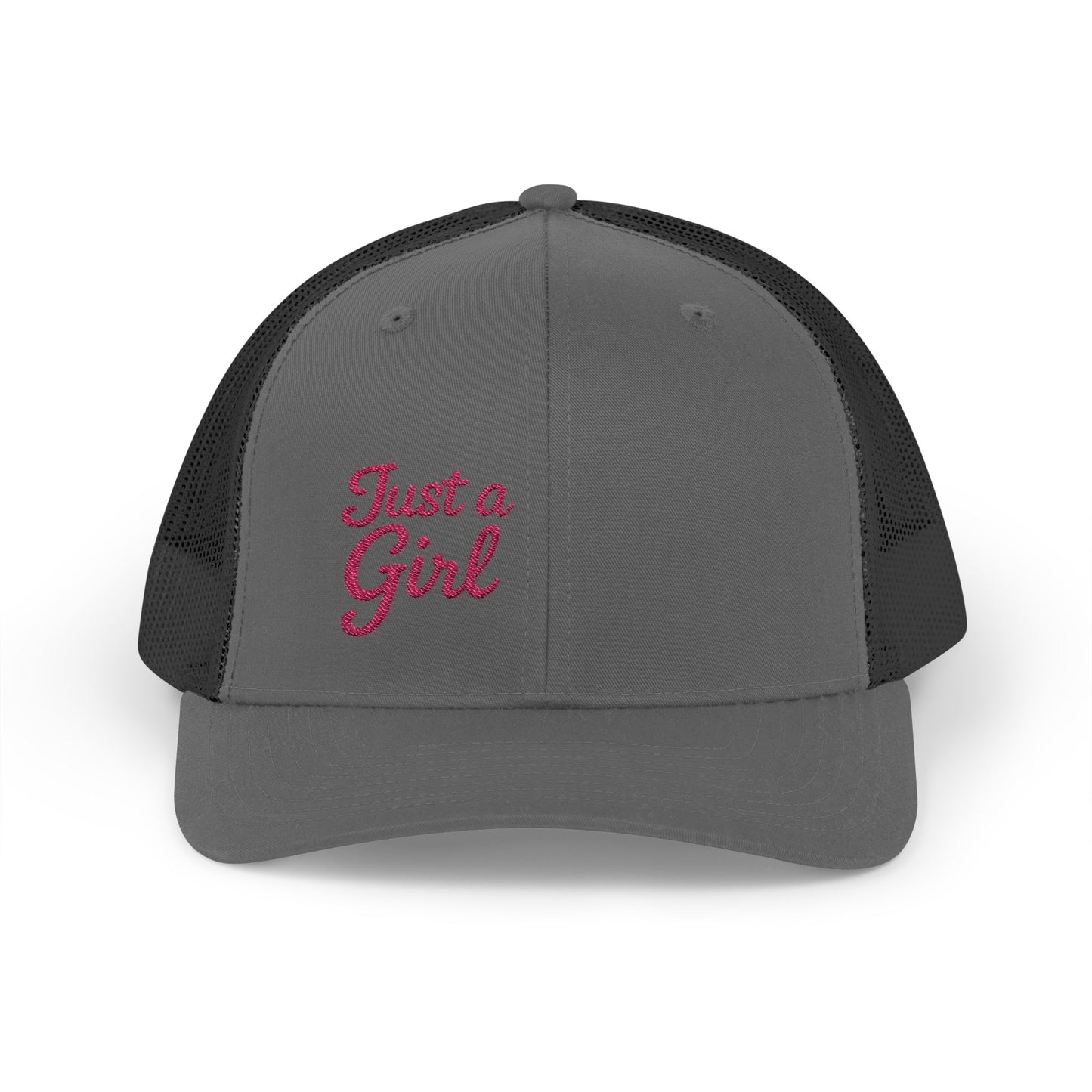 Just a Girl Trucker Hat – Minimalist Script Hat with Bold Feminine Energy and Classic Style. Pink Letters