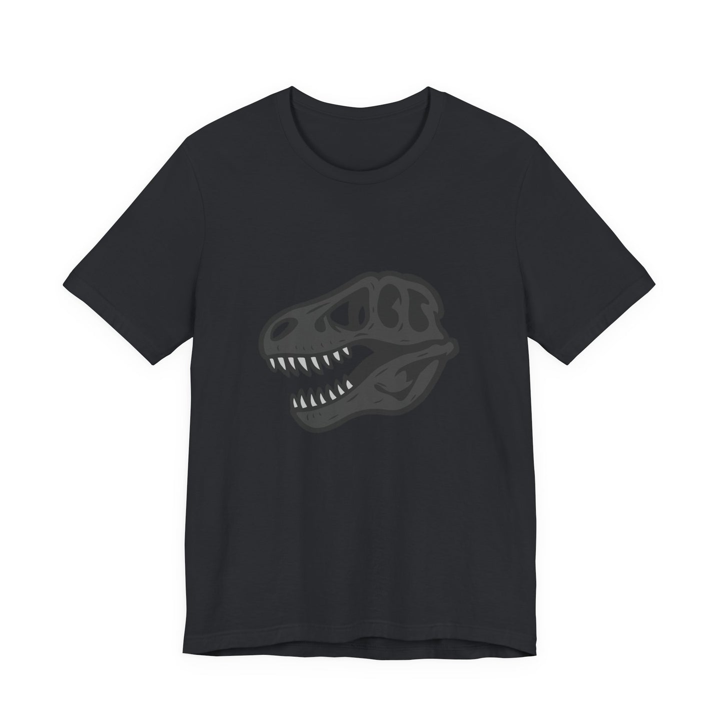 T-Rex Skull Graphic T-Shirt – Dark Theme Grayscale Dinosaur Skeleton Design on Black Tee with Prehistoric Edge and Modern Ghost Effect. Unisex Jersey Short Sleeve Tee