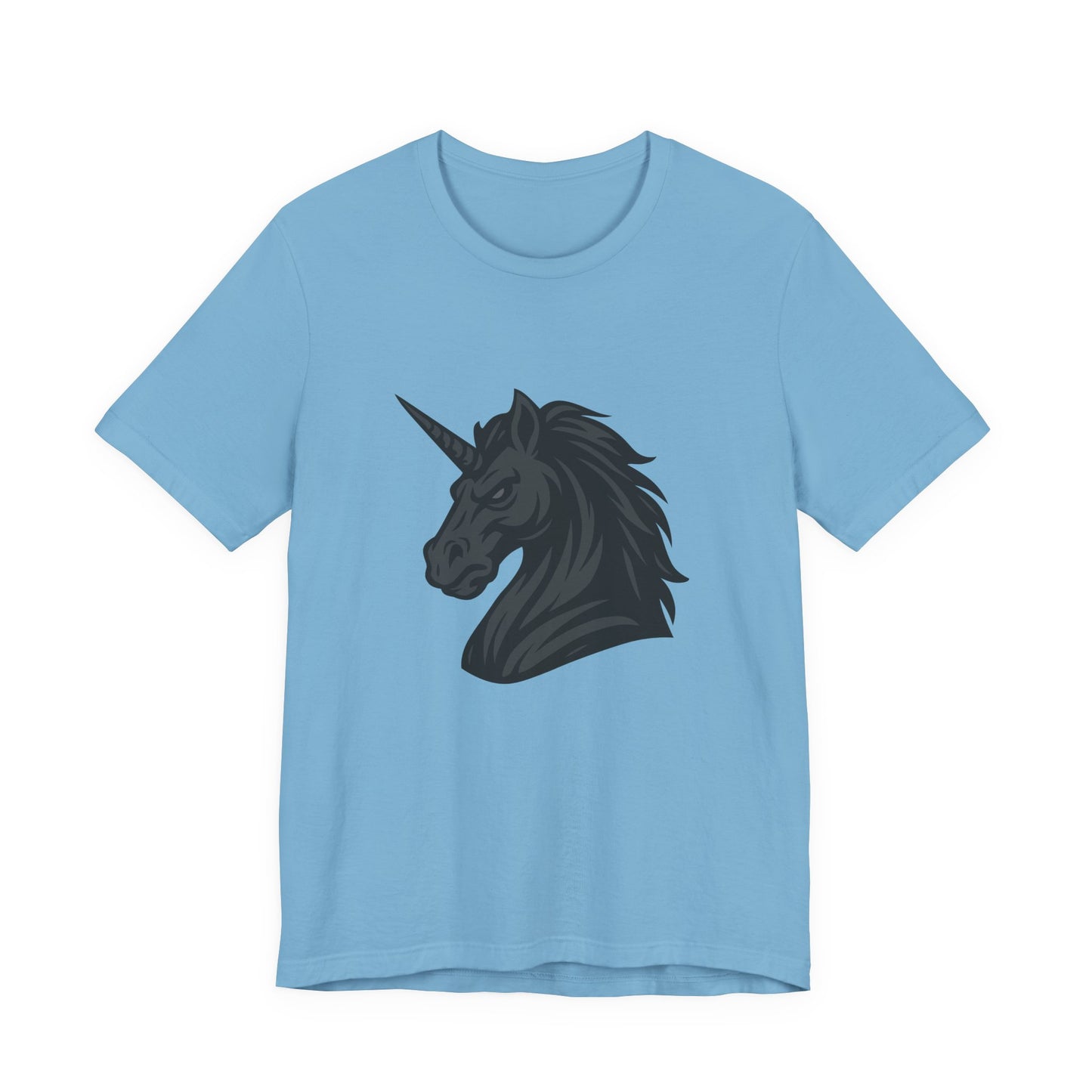 Dark Unicorn Profile T-Shirt – Dark Theme Grayscale Fierce Mythical Horse Design on Black Tee with Gothic Magic and Modern Ghost Effect. Unisex Jersey Short Sleeve Tee