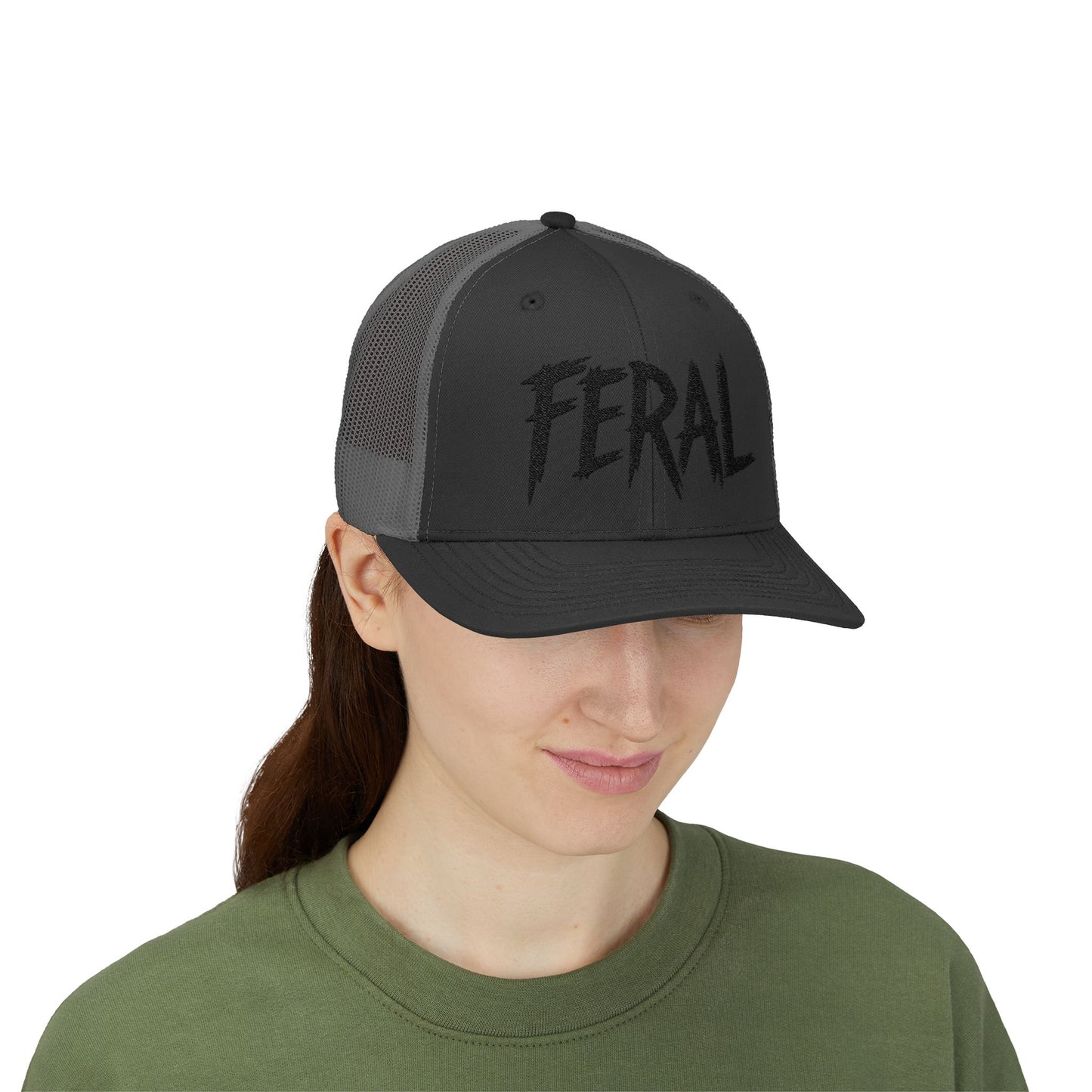 FERAL Embroidered Trucker Hat – Bold Statement Baseball Hat with Wild Energy Font for Rebels, Misfits, and Chaos Enthusiasts
