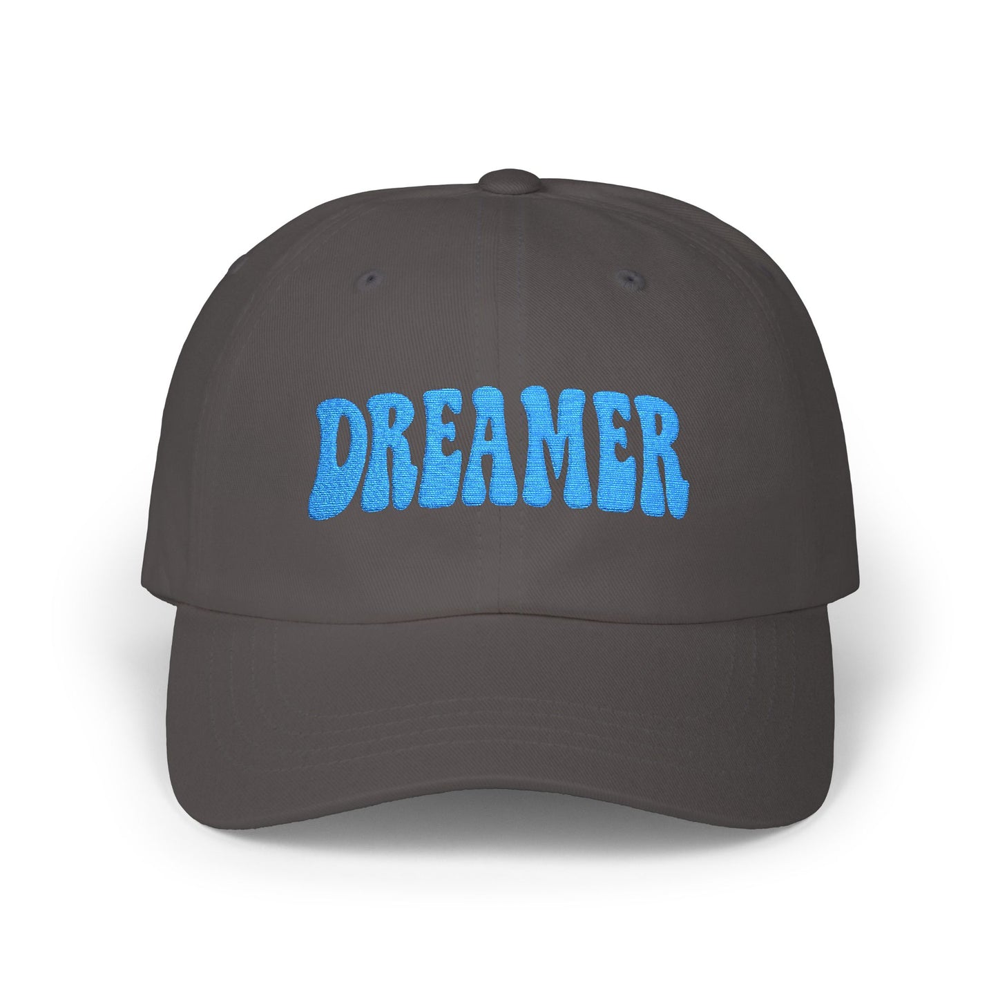 Dreamer Classic Dad Hat – Embroidered Minimalist Script Hat for Visionaries, Creatives, and Chill Daydreamers. Blue Letters