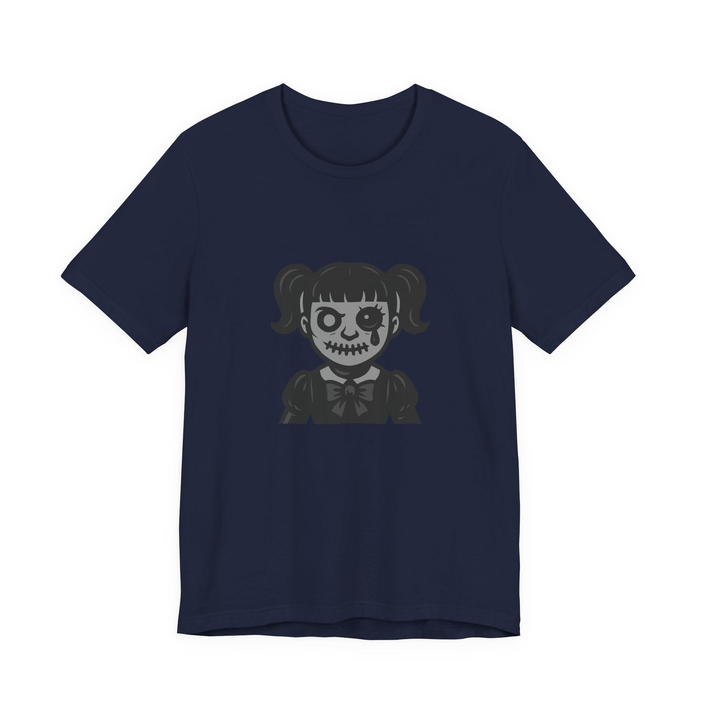 Scary Doll Graphic T-Shirt – Dark Theme Grayscale Creepy Cute Girl Design on Black Tee with Haunted Vibes and Modern Ghost Effect. Unisex Jersey Short Sleeve Tee