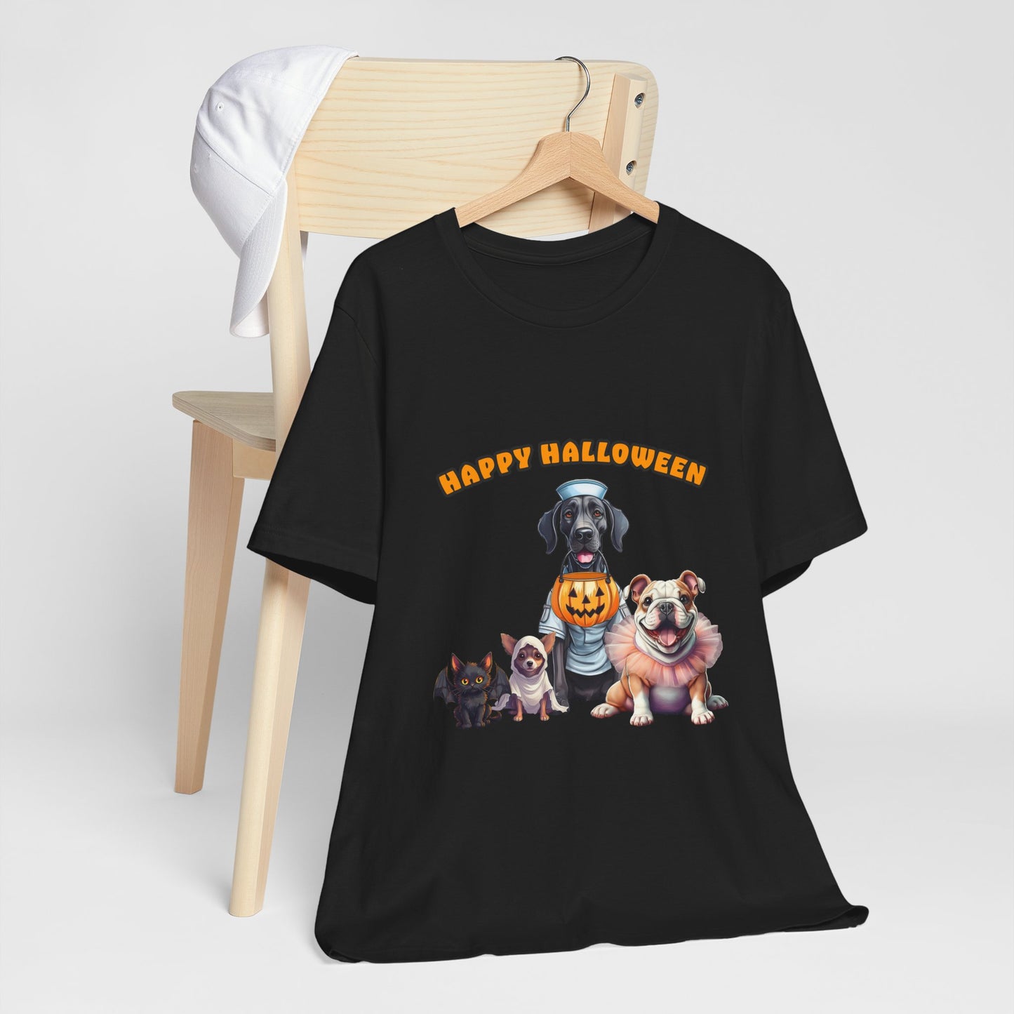 Happy Halloween Pet Parade Shirt – Cute Halloween Dogs and Cat in Costumes. Unisex Jersey Short Sleeve Tee