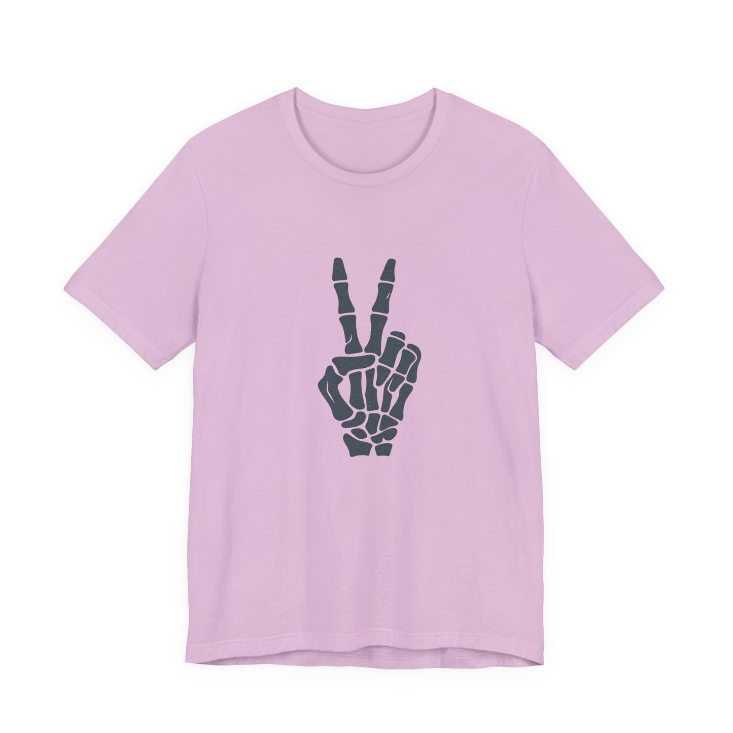 Skeleton Peace Hand Graphic T-Shirt – Gritty Dark Theme Grayscale Bones on Black Tee with Rebellious Calm and Modern Ghost Effect. Unisex Jersey Short Sleeve Tee