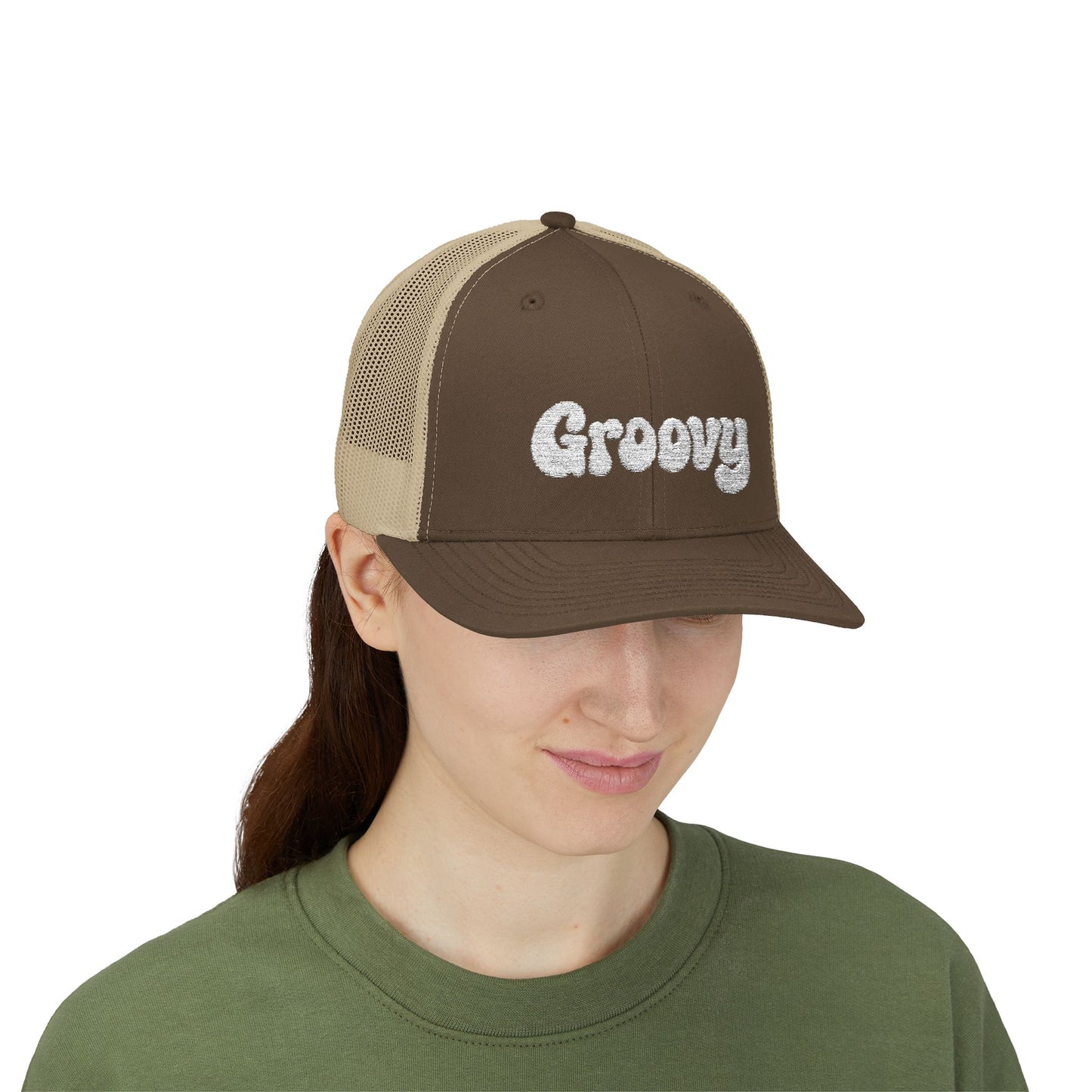 Groovy Trucker Hat – Retro Embroidered Hat with 70s Style Font for Funky Vibes, Chill Days, and Vintage Cool. White Letters