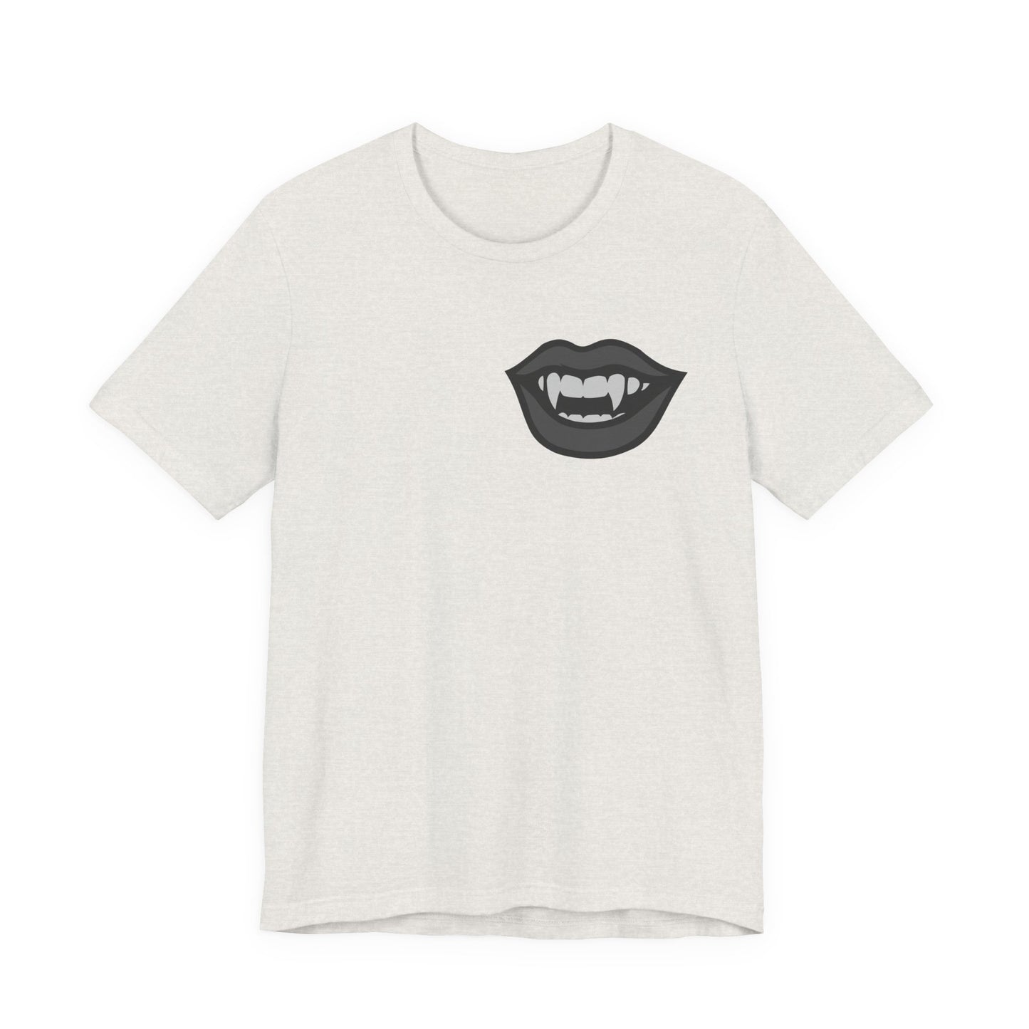 Vampire Mouth Graphic T-Shirt – Dark Theme Grayscale Fanged Lips on Black Tee with Gothic Bite and Modern Ghost Effect. Unisex Jersey Short Sleeve Tee