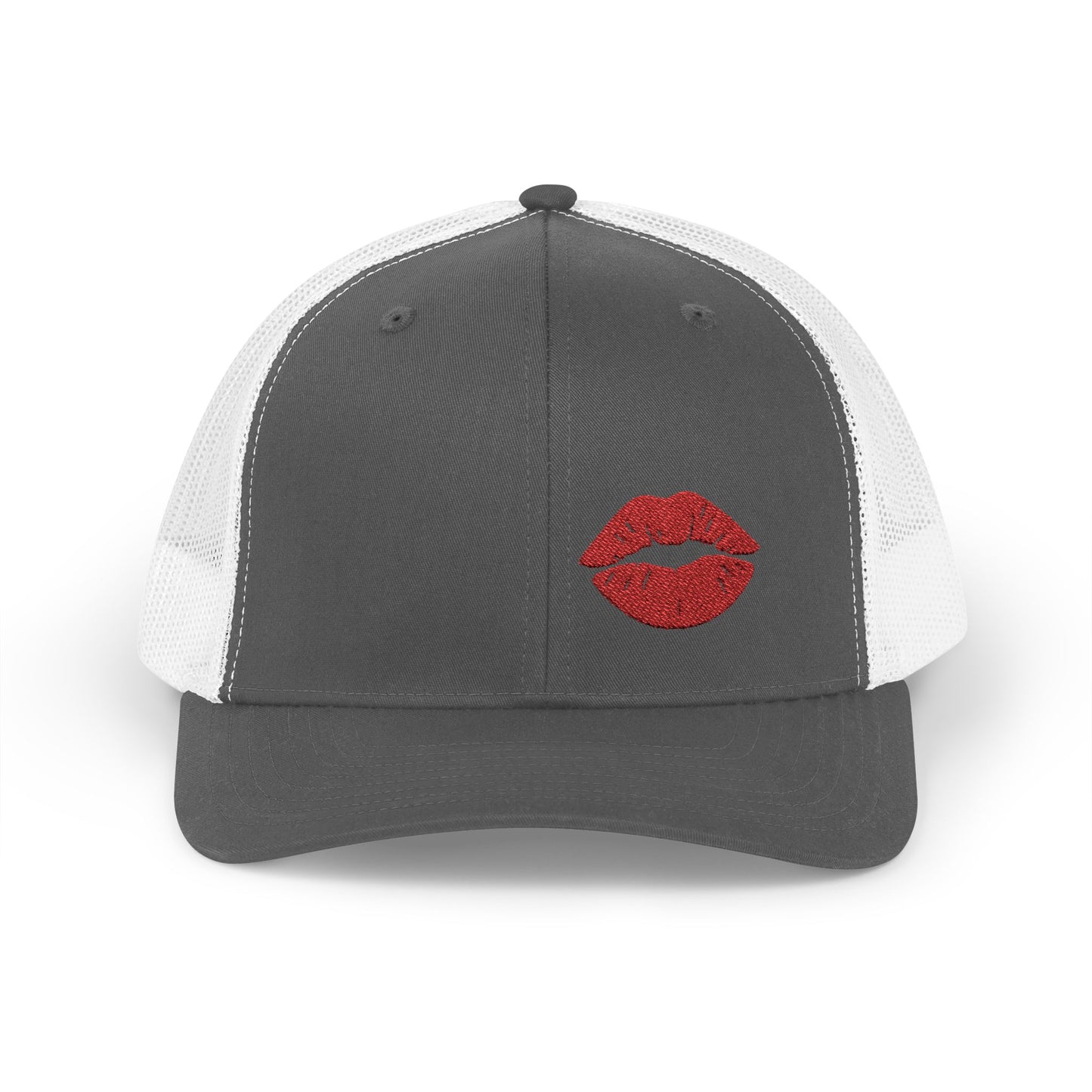 Red Lips Trucker Hat – Embroidered Pop Art Hat with Kiss Design