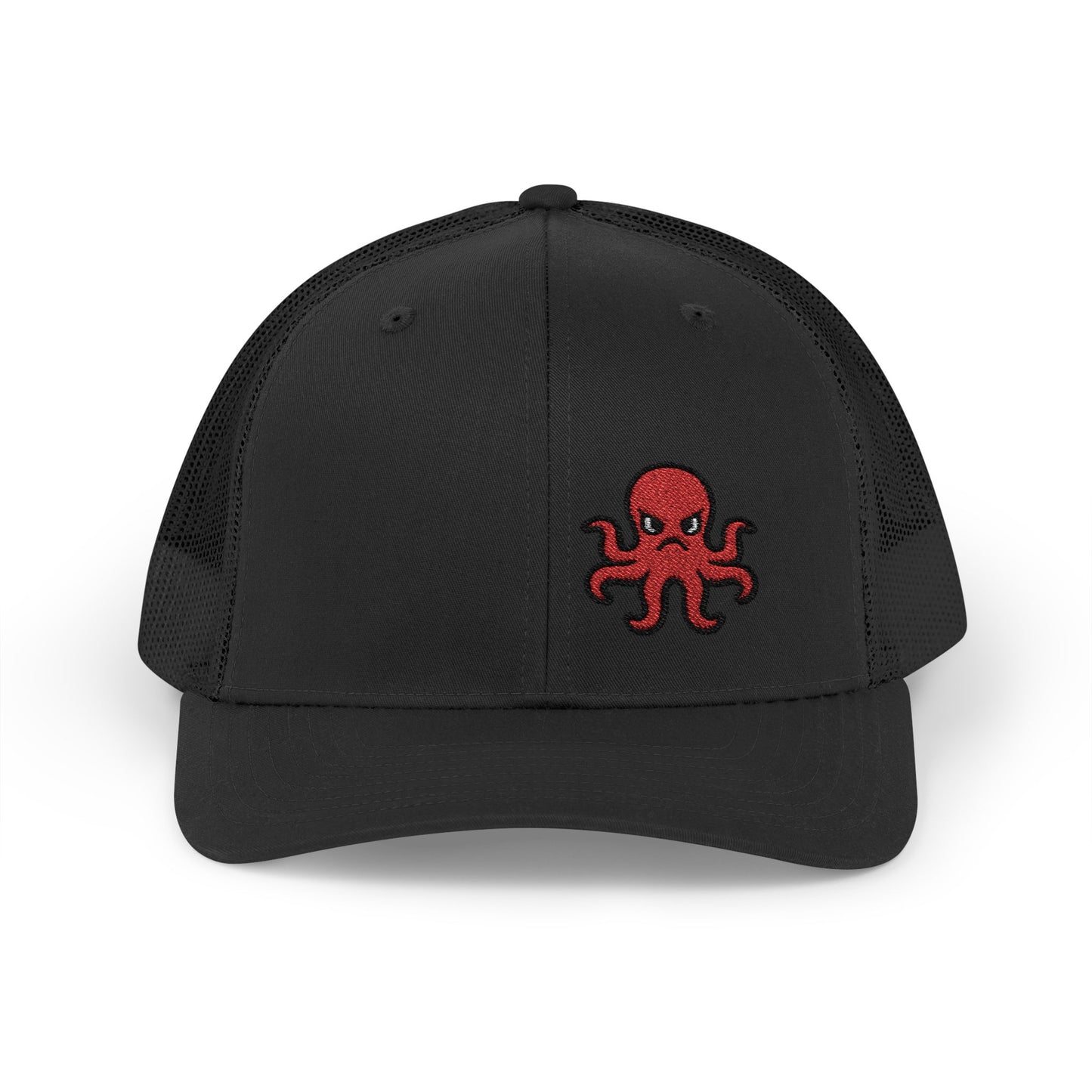 Angry Octopus Trucker Hat – Embroidered Red Sea Creature Hat with Cartoon Vibes and Bold Attitude